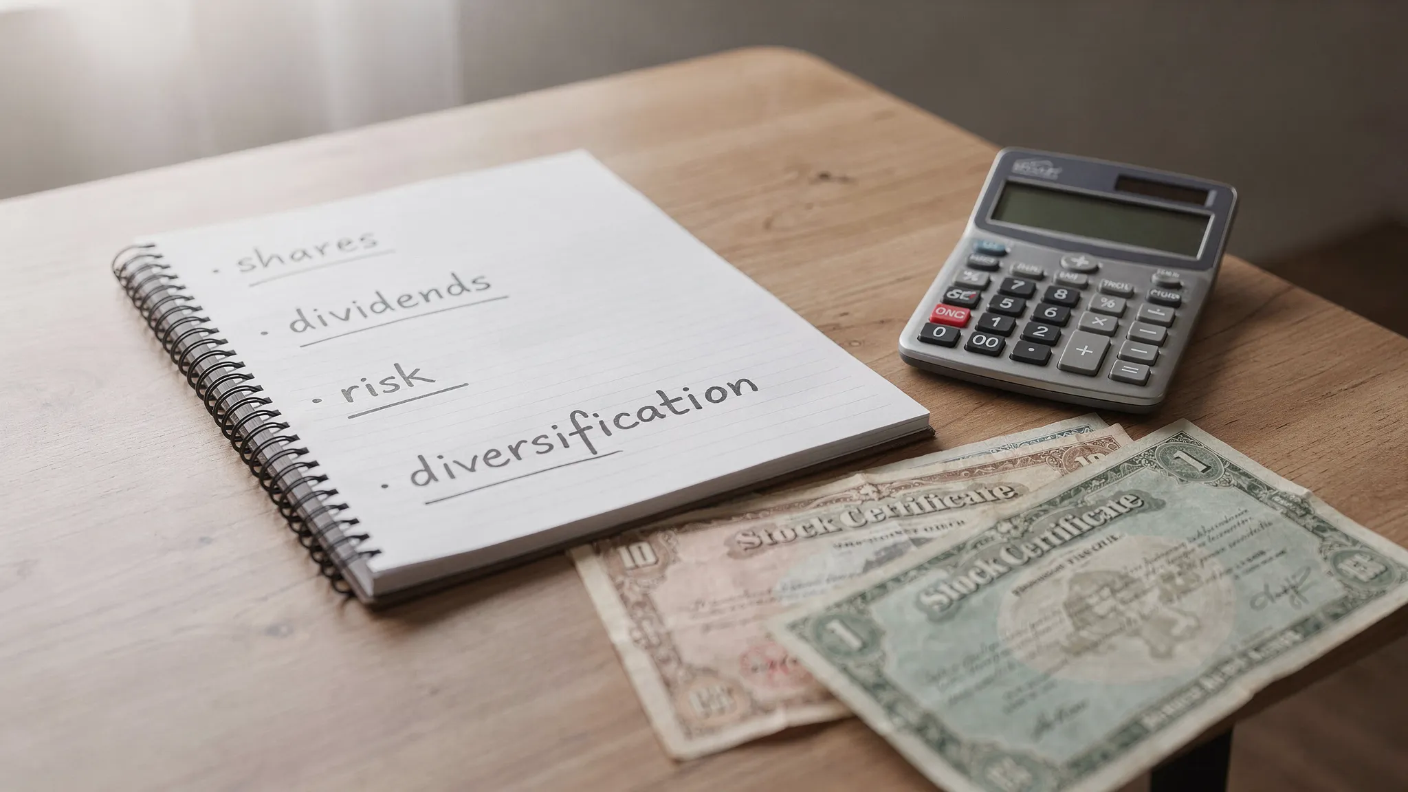 A beginner investing notebook with simple notes about shares, dividends, risk, and diversification next to a calculator and paper stock certificates on a desk.