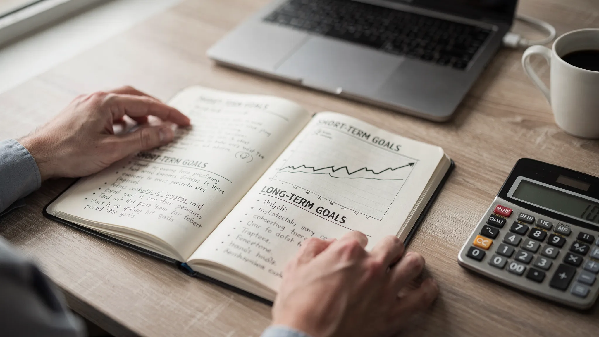A beginner investor reviewing a notebook with investing goals, a simple stock chart, and a calculator on a desk before making a stock purchase decision.