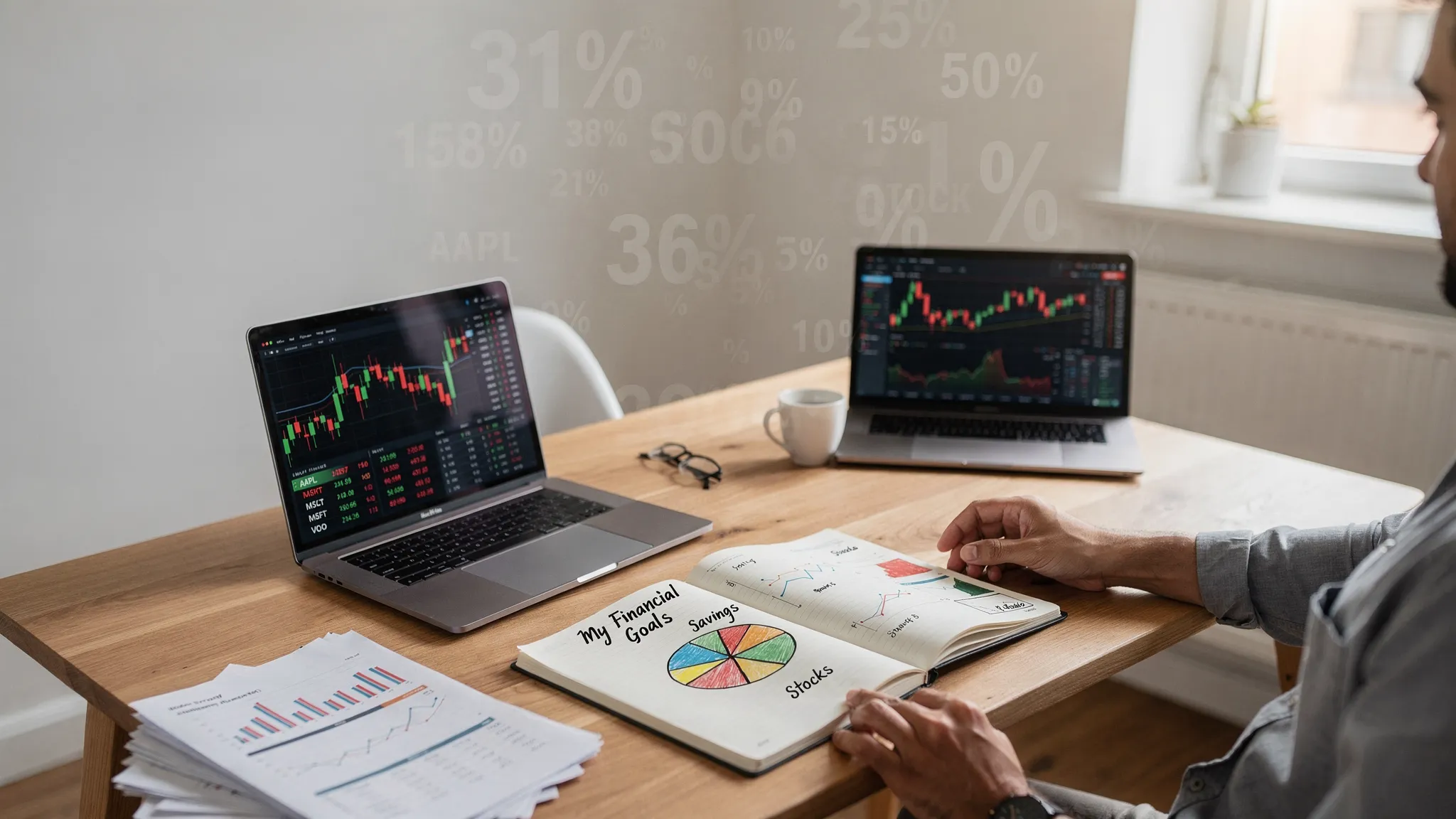 A beginner investor sitting at a desk with a notebook, financial goals, a simple pie chart, and stock market symbols representing a diversified portfolio.