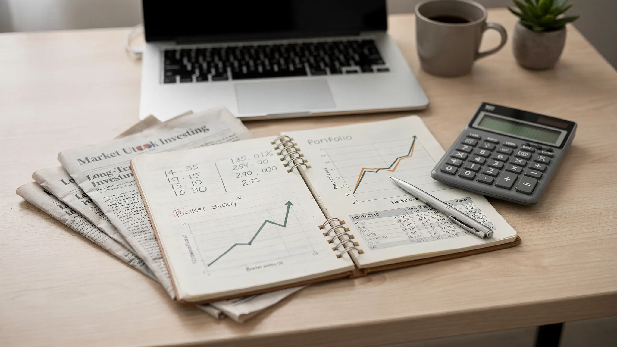 A beginner investor’s desk with a notebook, calculator, simple portfolio chart, and financial newspapers, representing long-term stock exchange investing planning.