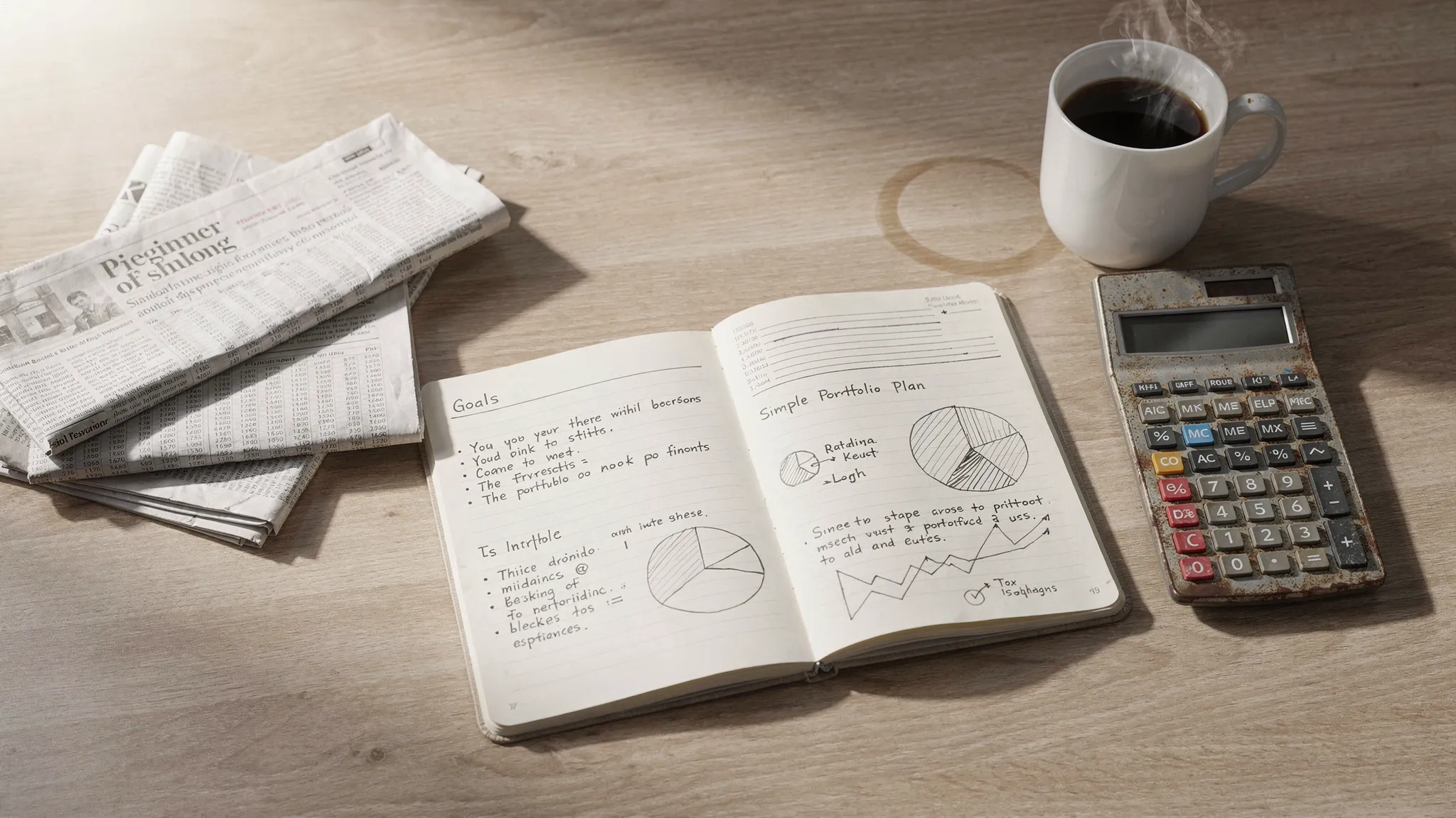 A beginner investor's desk with a notebook showing goals, a simple portfolio plan, and a calculator beside financial newspapers and a cup of coffee.
