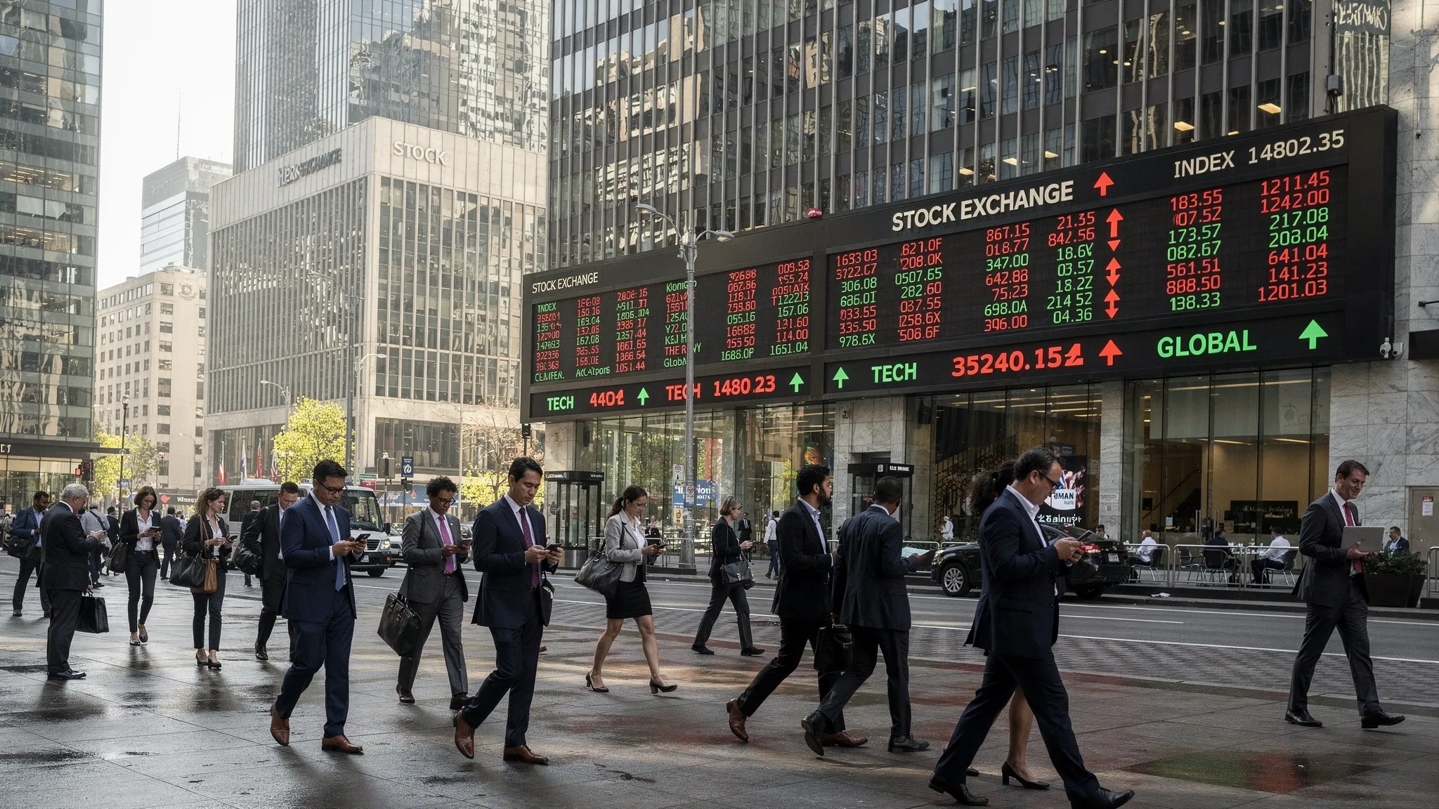 A busy financial district with stock exchange buildings, investors walking nearby, and market price boards showing changing numbers in the background.