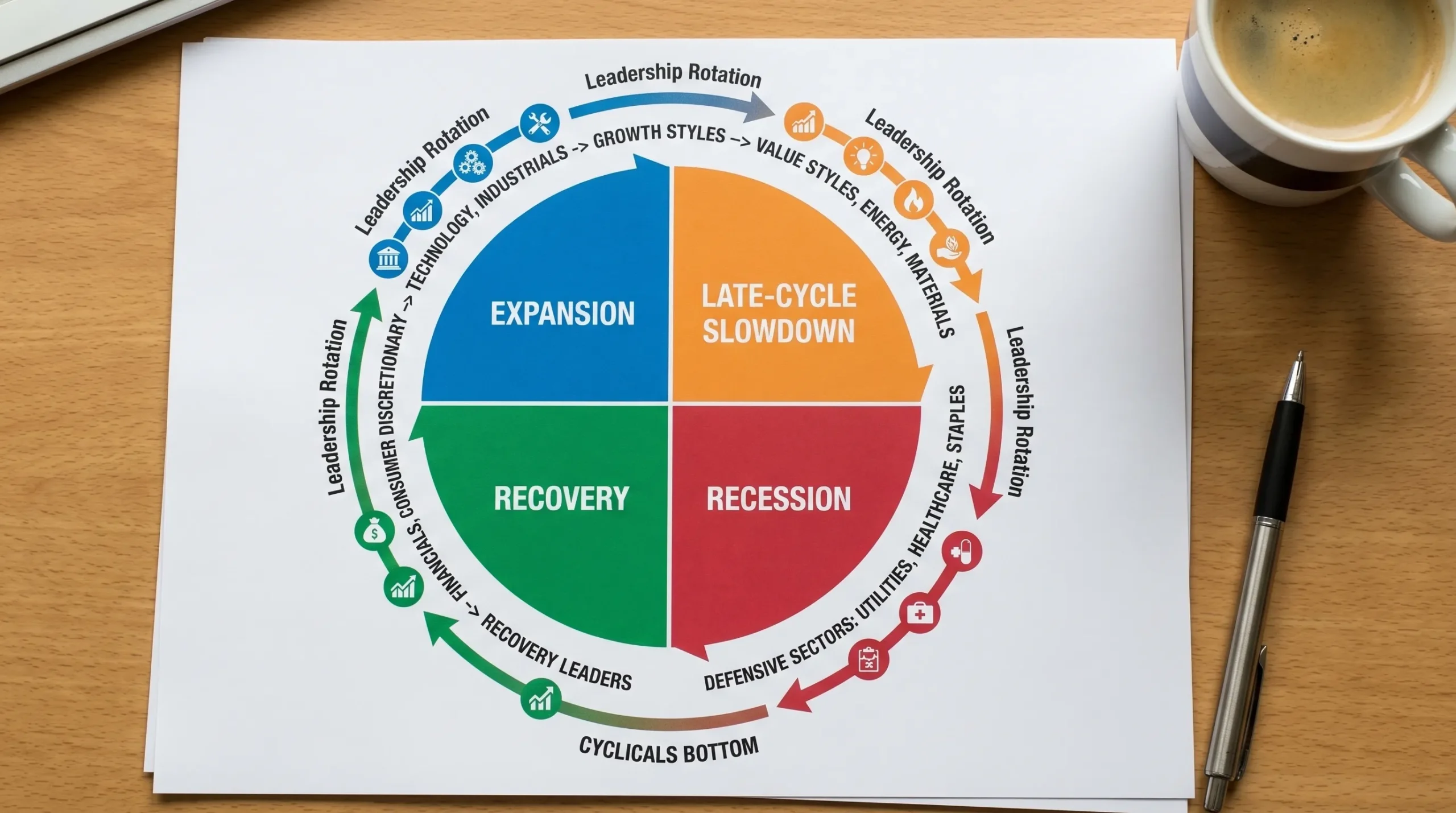 A circular diagram showing four stock market cycle phases: recovery, expansion, late-cycle slowdown, and recession, with arrows showing leadership rotation across sectors and asset styles.