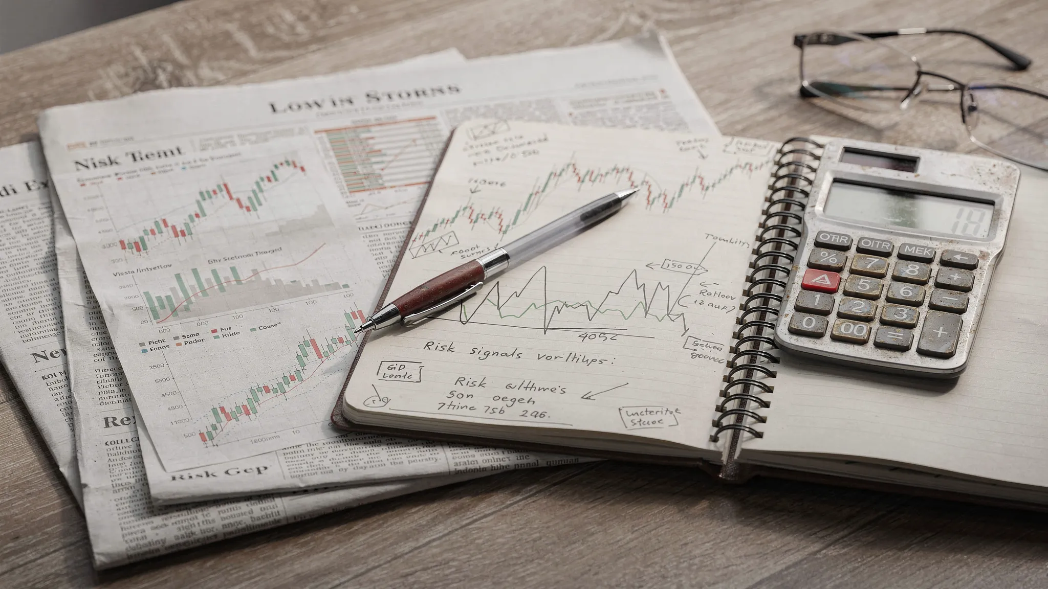 A desk with financial newspapers, a notebook, a calculator, and printed stock charts showing rising and falling market lines, representing an investor reviewing current market trends and risk signals.