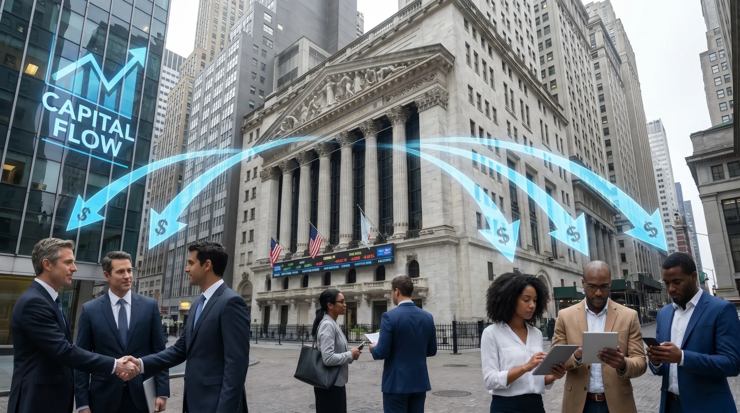 A financial district with a stock exchange building, company leaders, and individual investors connected by flowing arrows that represent capital moving between businesses and shareholders.