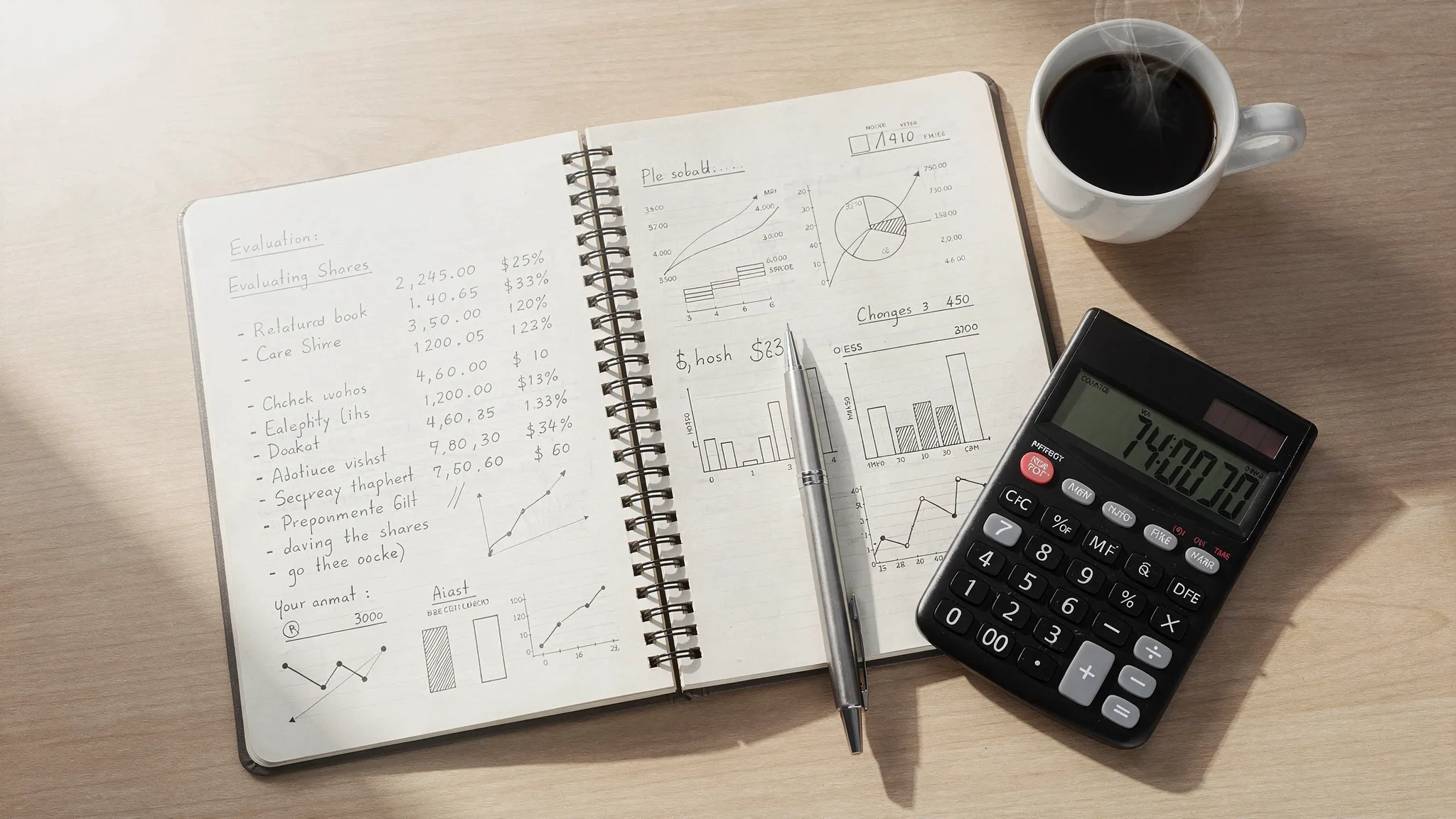 A notebook with financial statements, a calculator, and a coffee cup on a desk, showing a calm research process for evaluating shares without hype.