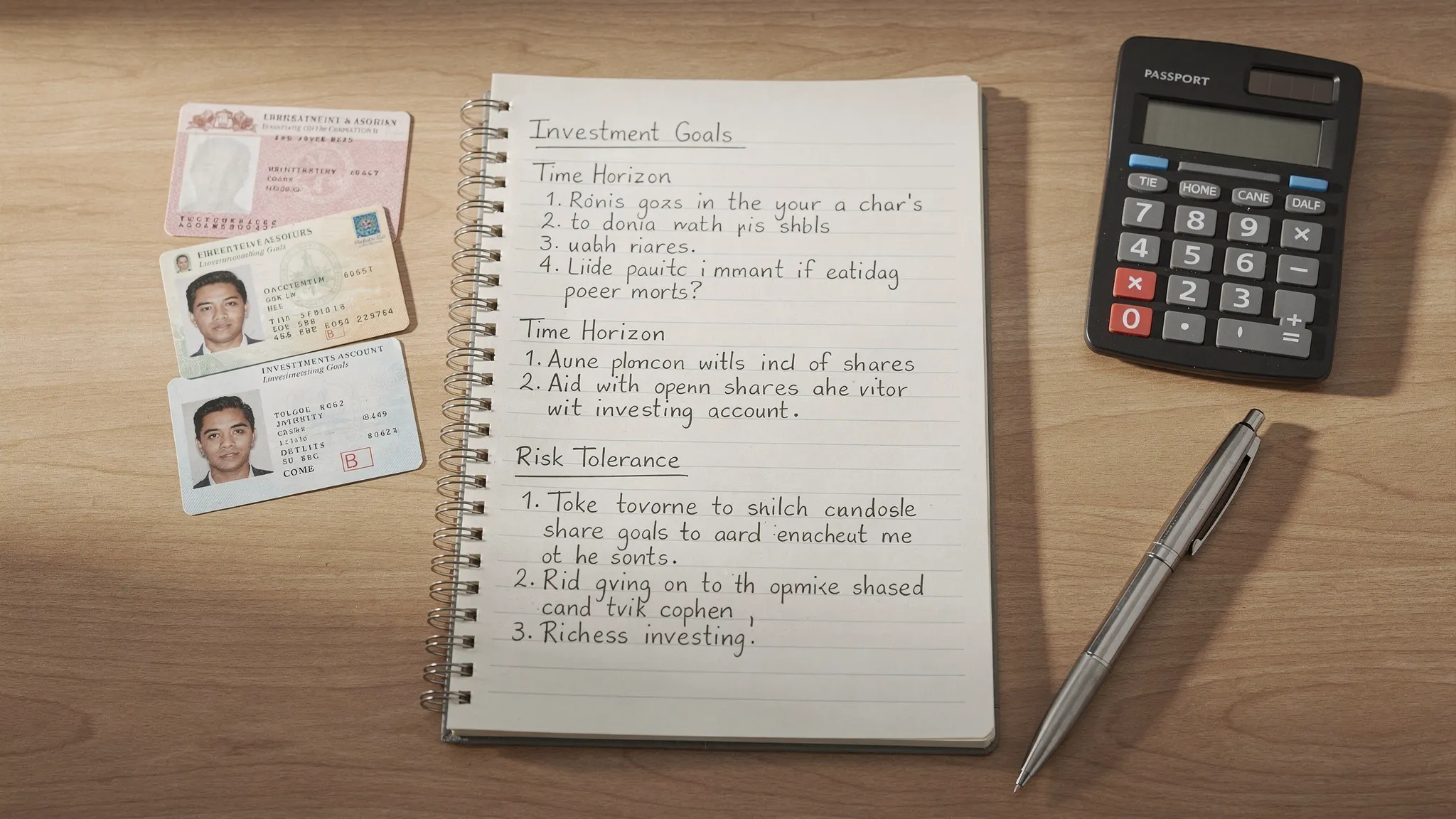 A notebook with written investment goals, identification documents, a calculator, and a pen arranged on a desk to represent preparing to open a shares investing account.