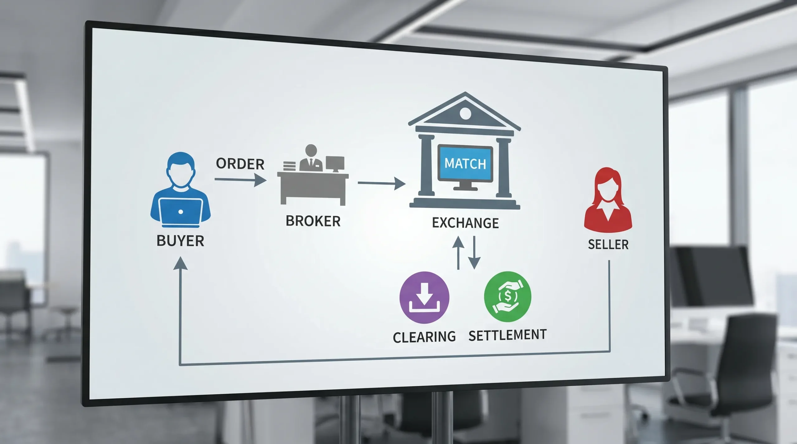 A simple trading flow showing a buyer sending an order through a broker to an exchange where it matches with a seller, followed by clearing and settlement between the two sides.