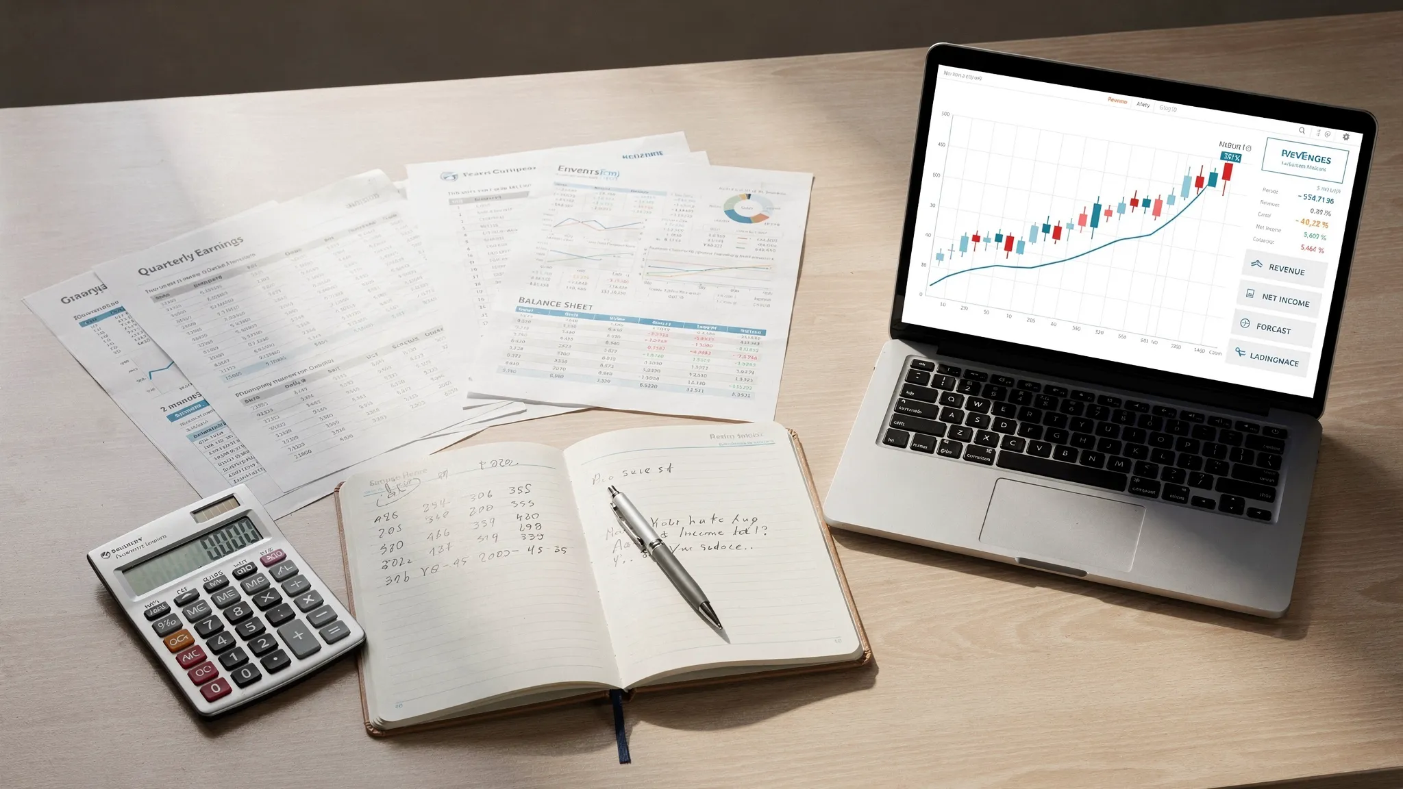 An investing workspace with a notebook, calculator, company financial reports, and a laptop screen facing the viewer showing a simple stock chart and financial summary.