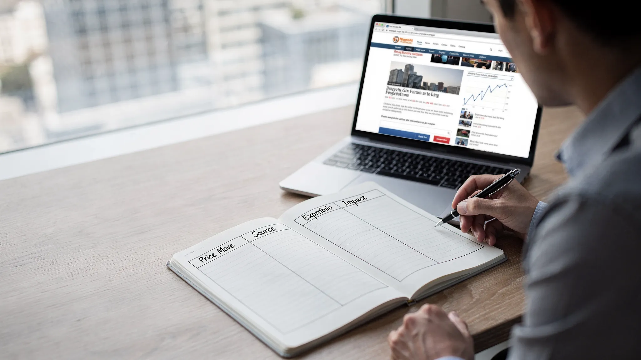 An investor reading financial news beside a notebook with columns for price move, source, expectations, and portfolio impact.