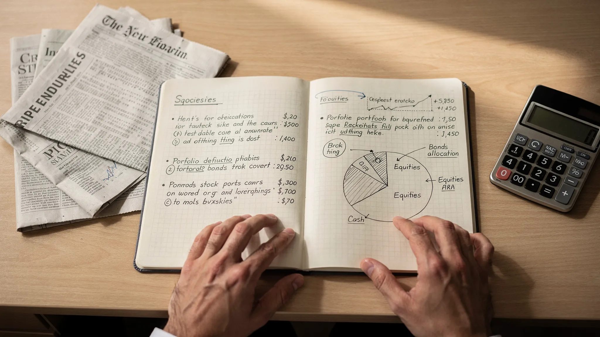 An investor studies a notebook with a written stock thesis, valuation notes, and a simple portfolio allocation chart beside financial newspapers and a calculator.