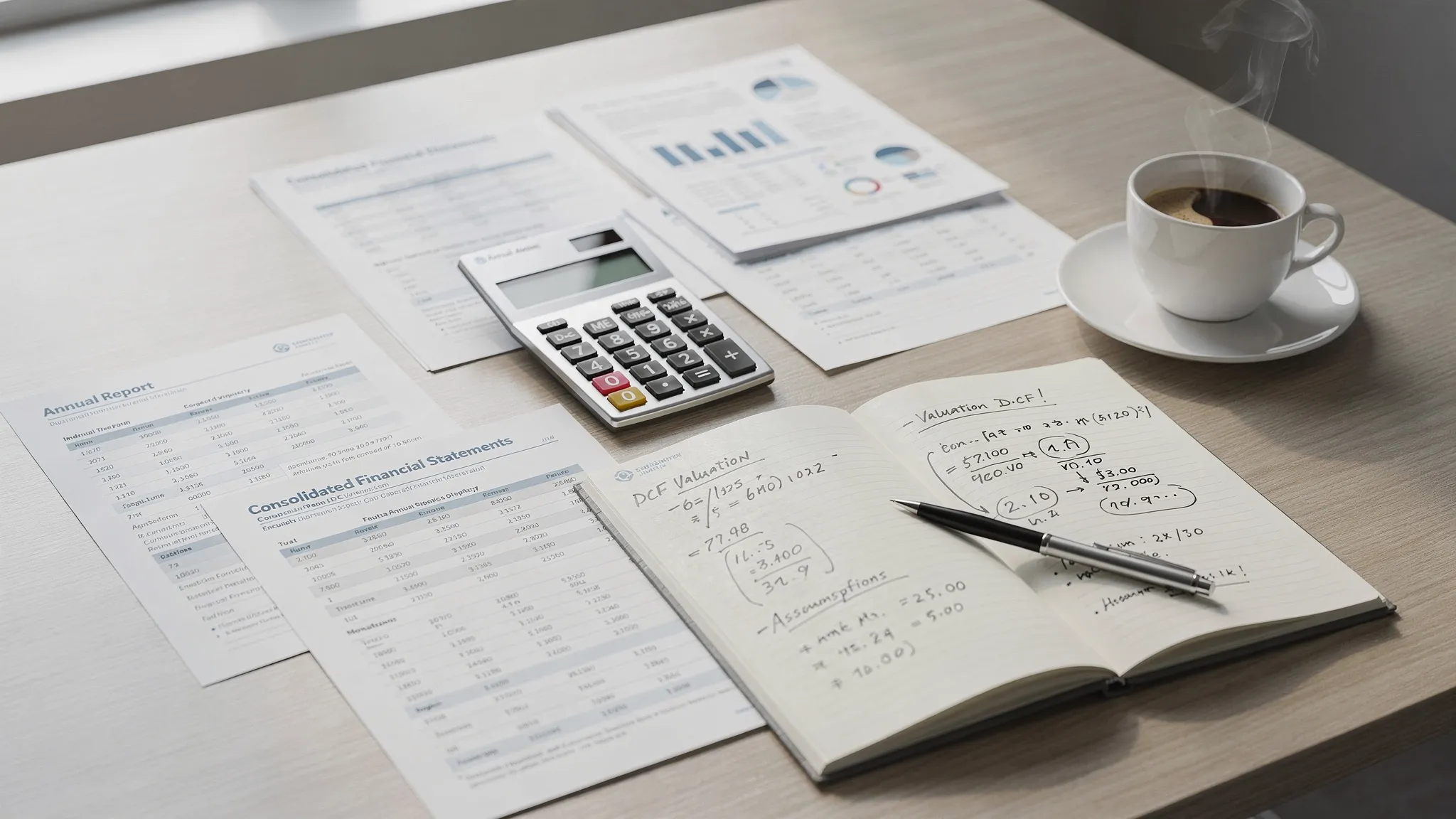 An investor's workspace with printed annual reports, financial statements, a calculator, a notebook with valuation notes, and a cup of coffee on a clean desk.