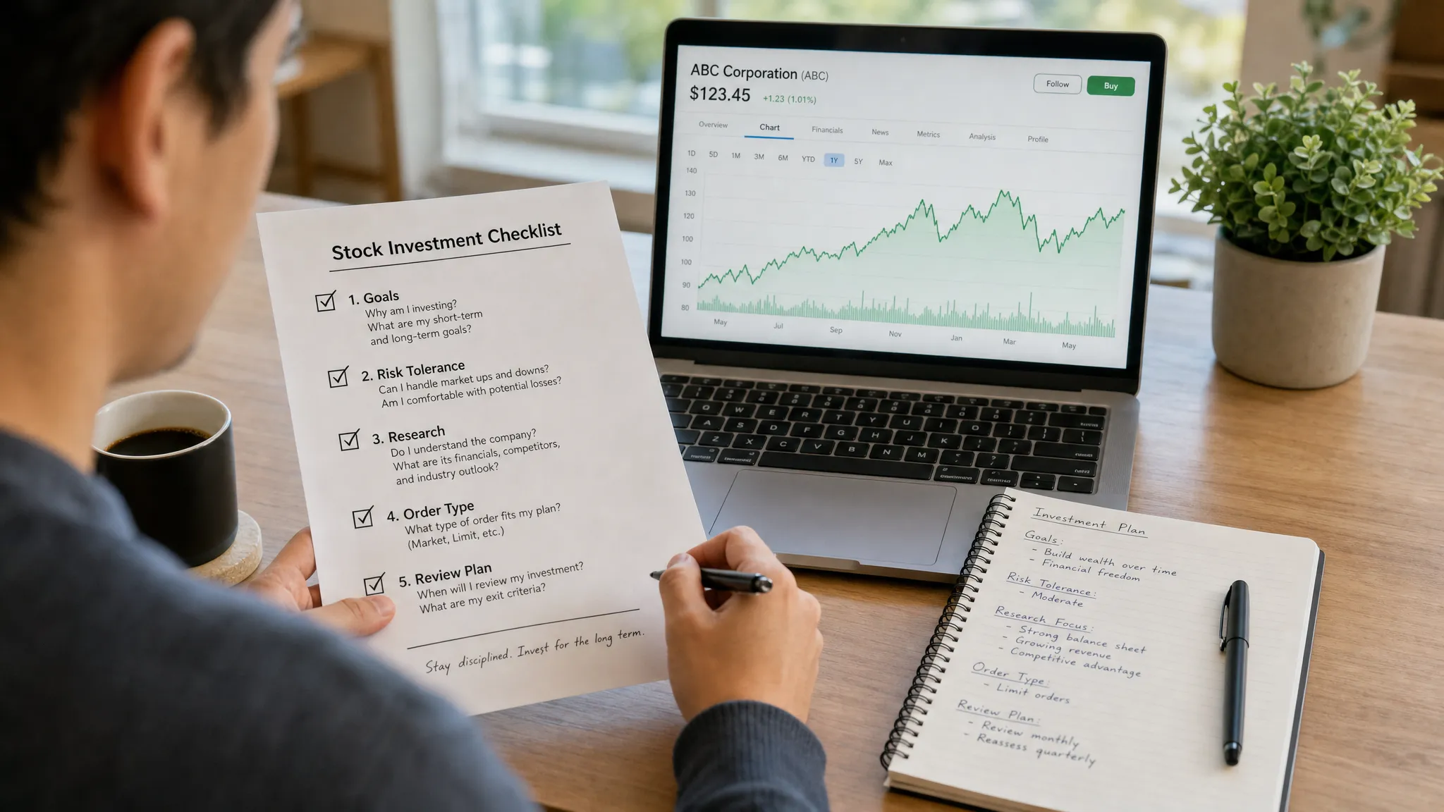 A beginner investor reviewing a simple paper checklist beside a laptop showing a clean stock chart, with notes for goals, risk, research, order type, and review plan on the desk.