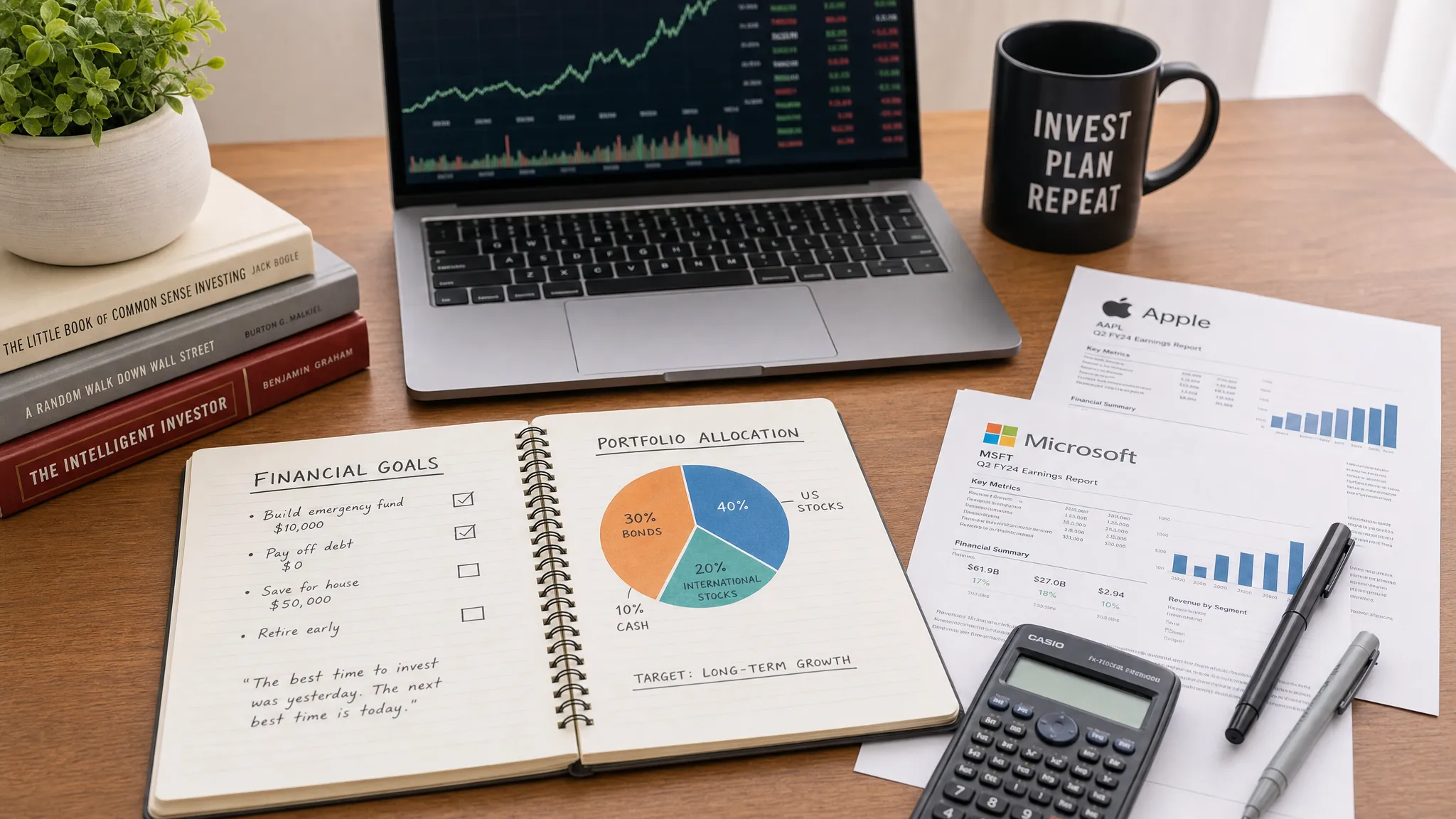 A beginner investor's desk with a notebook showing financial goals, a simple portfolio allocation chart, a calculator, and printed company reports arranged neatly beside a laptop.