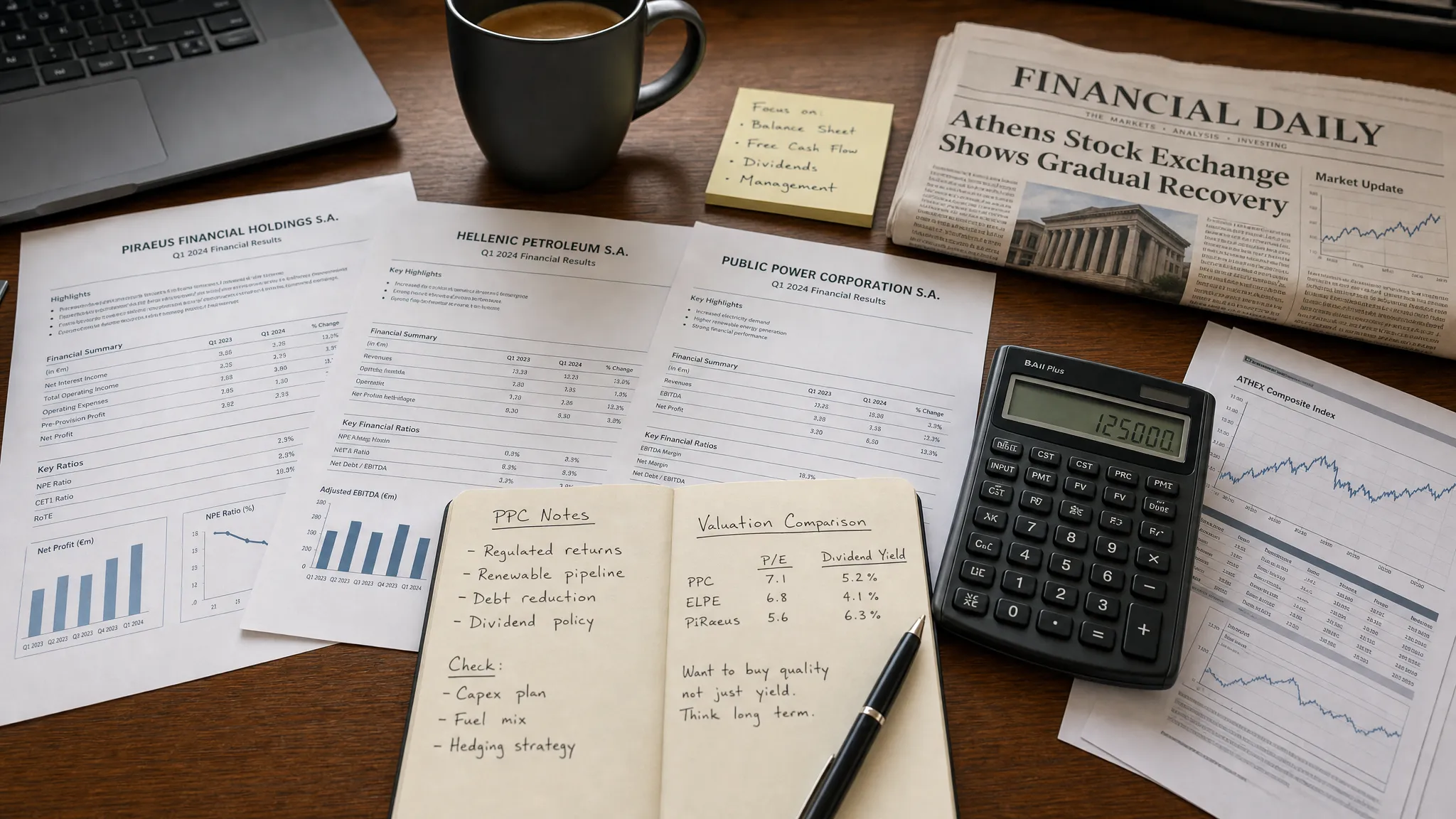 A beginner investor’s desk with printed Greek company reports, a calculator, handwritten notes, and a financial newspaper, showing careful research before buying Greek stocks.