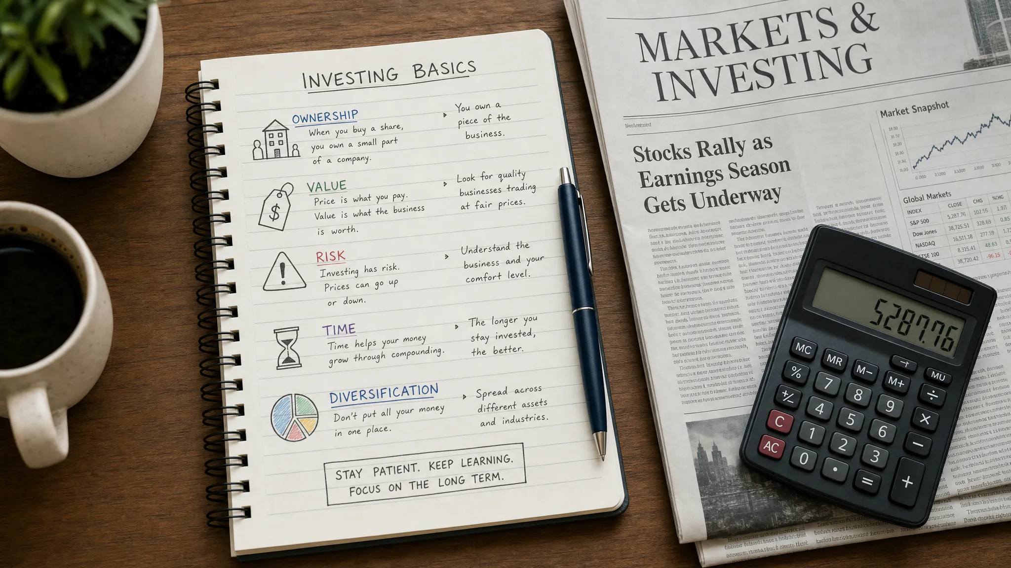 A beginner investor's notebook showing simple investing concepts such as ownership, value, risk, time, and diversification beside a clean financial newspaper and calculator.
