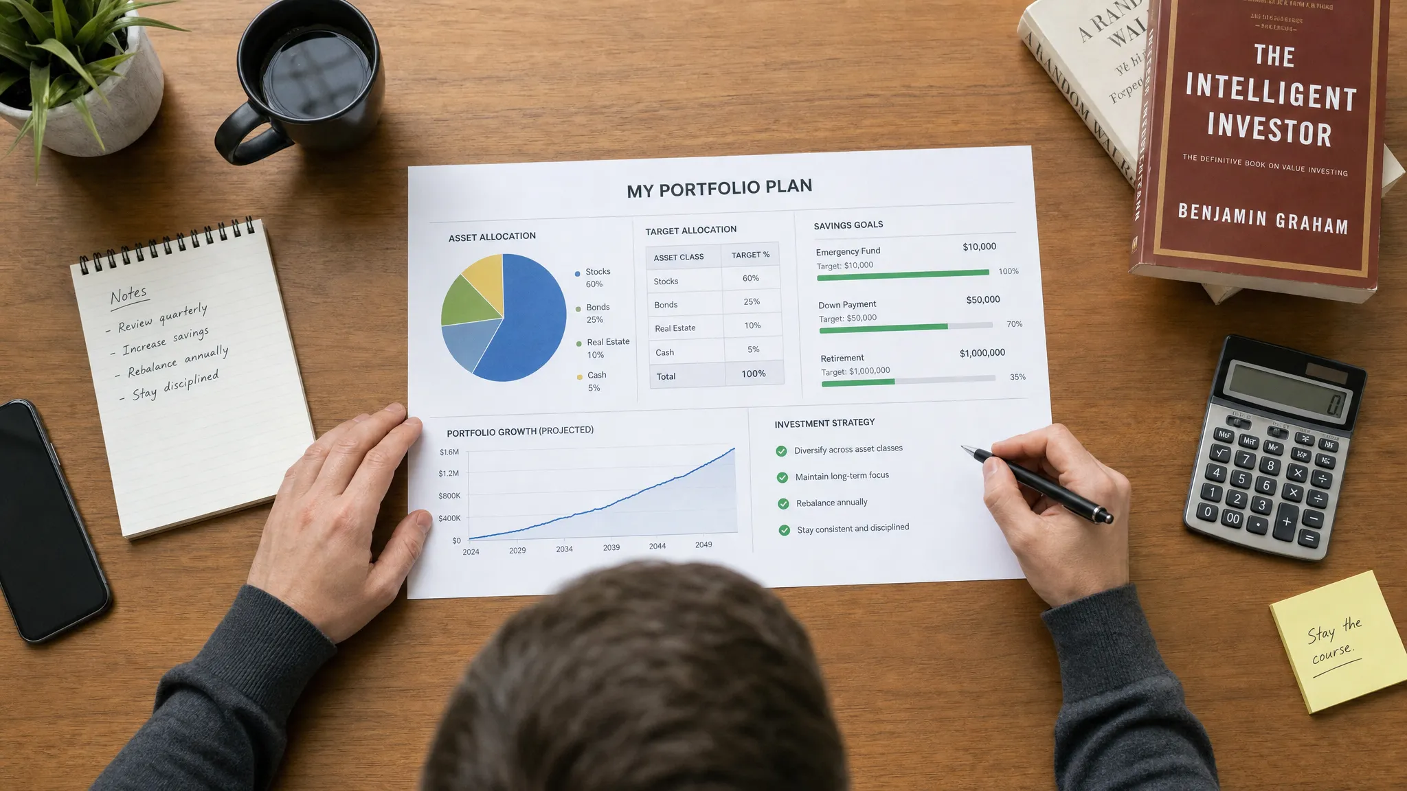 A calm investor reviewing a simple portfolio plan with charts, savings goals, and diversified asset categories spread across a desk, seen from an overhead angle.