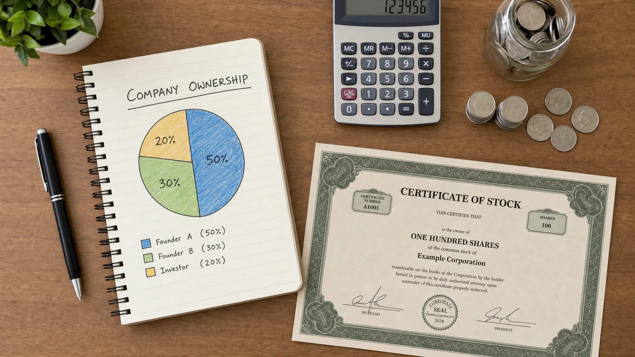 A clean overhead view of a desk with a notebook showing a simple pie chart labeled company ownership, a calculator, coins, and a printed stock certificate illustration to represent shares for beginners.