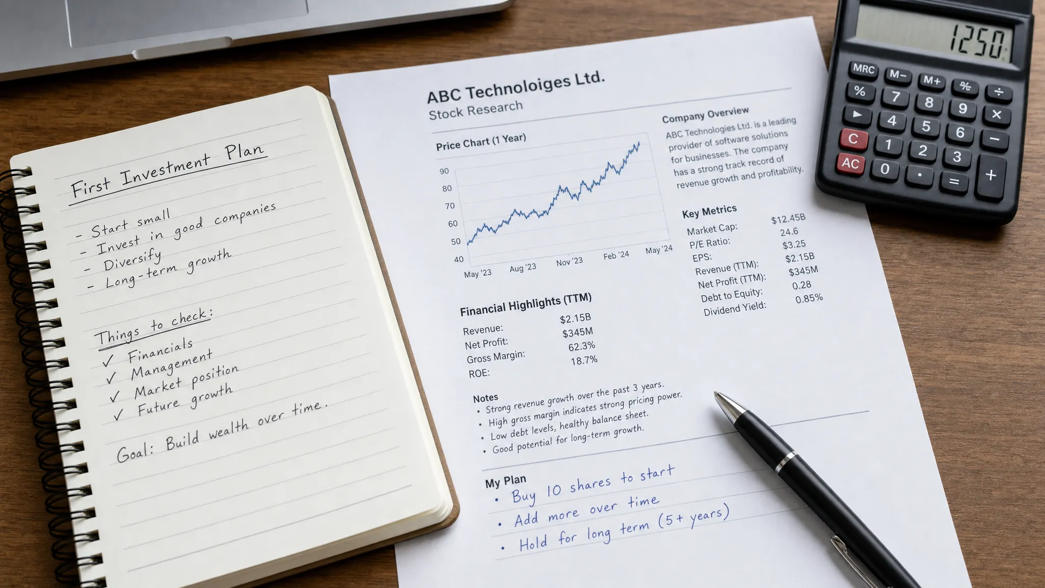A close-up indoor desk scene with a notebook, calculator, pen, and printed stock research notes showing a simple chart and company metrics for a first-time investor planning a share purchase.