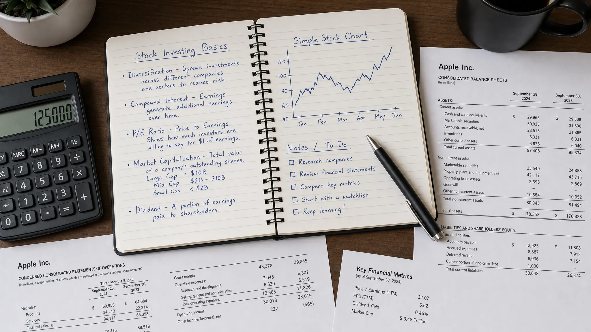 A close-up overhead view of a beginner investor notebook open on a desk with handwritten stock investing terms, a simple line chart, a calculator, and printed company financial statements arranged neatly around it.
