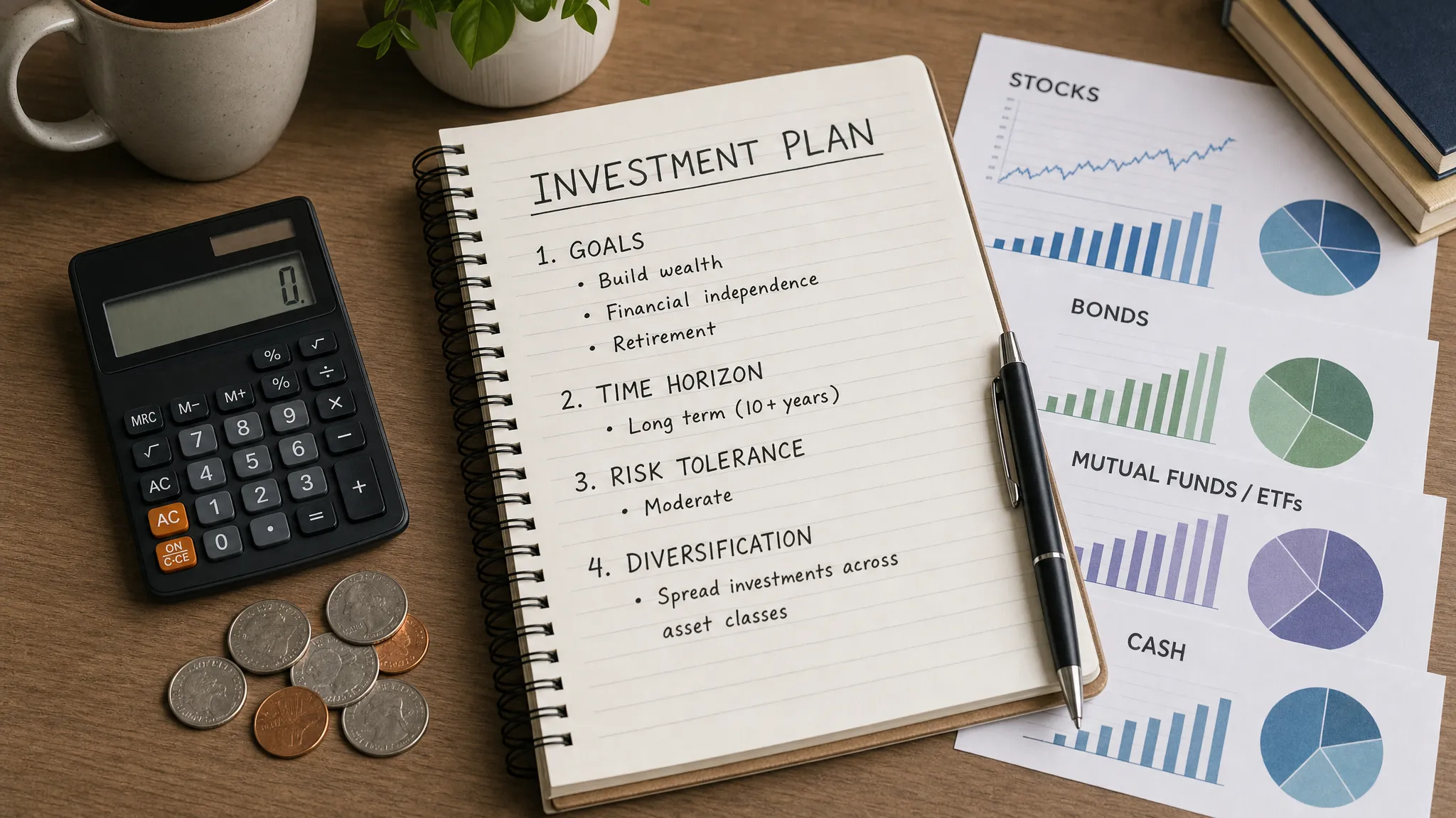 A notebook on a quiet indoor desk shows a simple investment plan with sections for goals, time horizon, risk, and diversification, surrounded by a calculator, coins, and paper charts representing stocks, bonds, funds, and cash, with the notebook as the clear focal element.