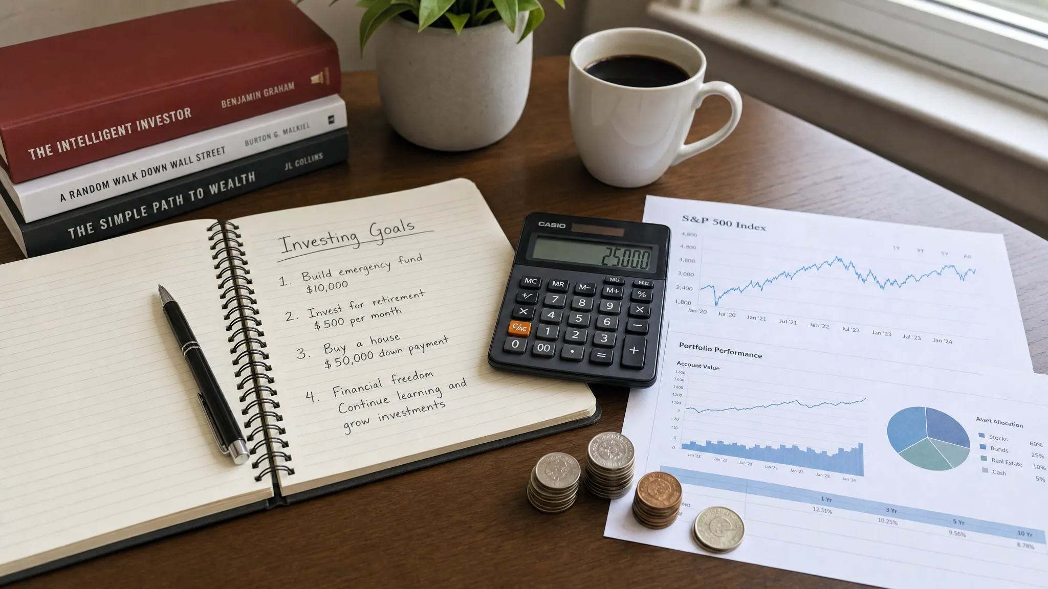 A notebook open to handwritten investing goals beside a calculator, printed stock charts, a pen, and a small stack of coins on a home study desk, suggesting a calm beginner investing session.