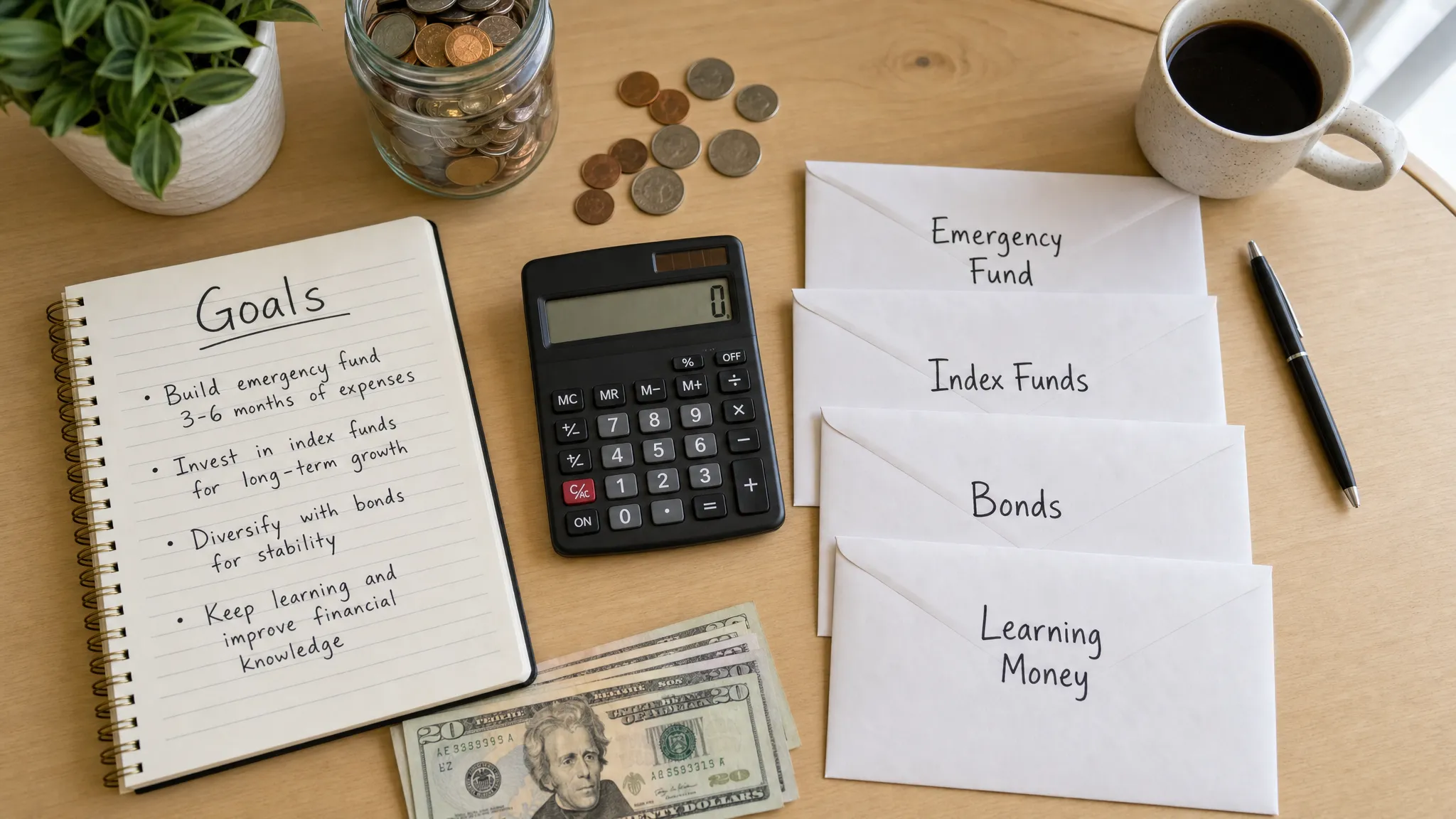 A simple beginner investing workspace with a notebook labeled goals, a calculator, coins, and separate envelopes for emergency fund, index funds, bonds, and learning money, arranged on a small desk from an overhead view.
