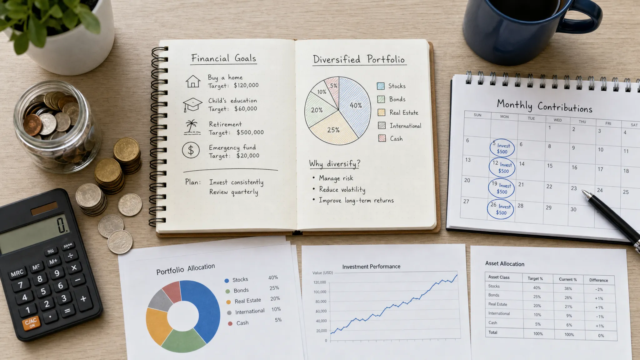 A simple investing workspace with a notebook showing goals, a diversified portfolio sketch, and a calendar for regular contributions, with coins and financial documents arranged neatly on a desk, viewed from above on a clean table.