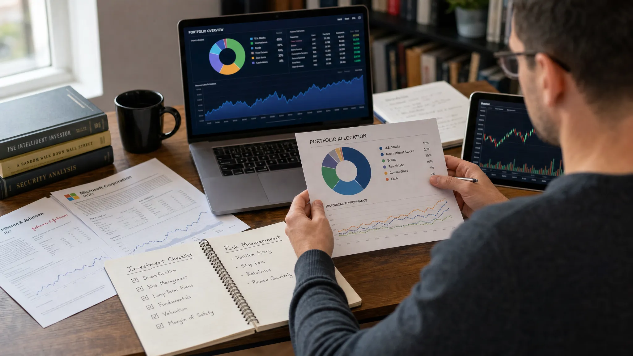 An adult investor reviewing a diversified portfolio with charts, notebooks, and company research spread across a desk, showing a balanced approach to stock investing and risk management.