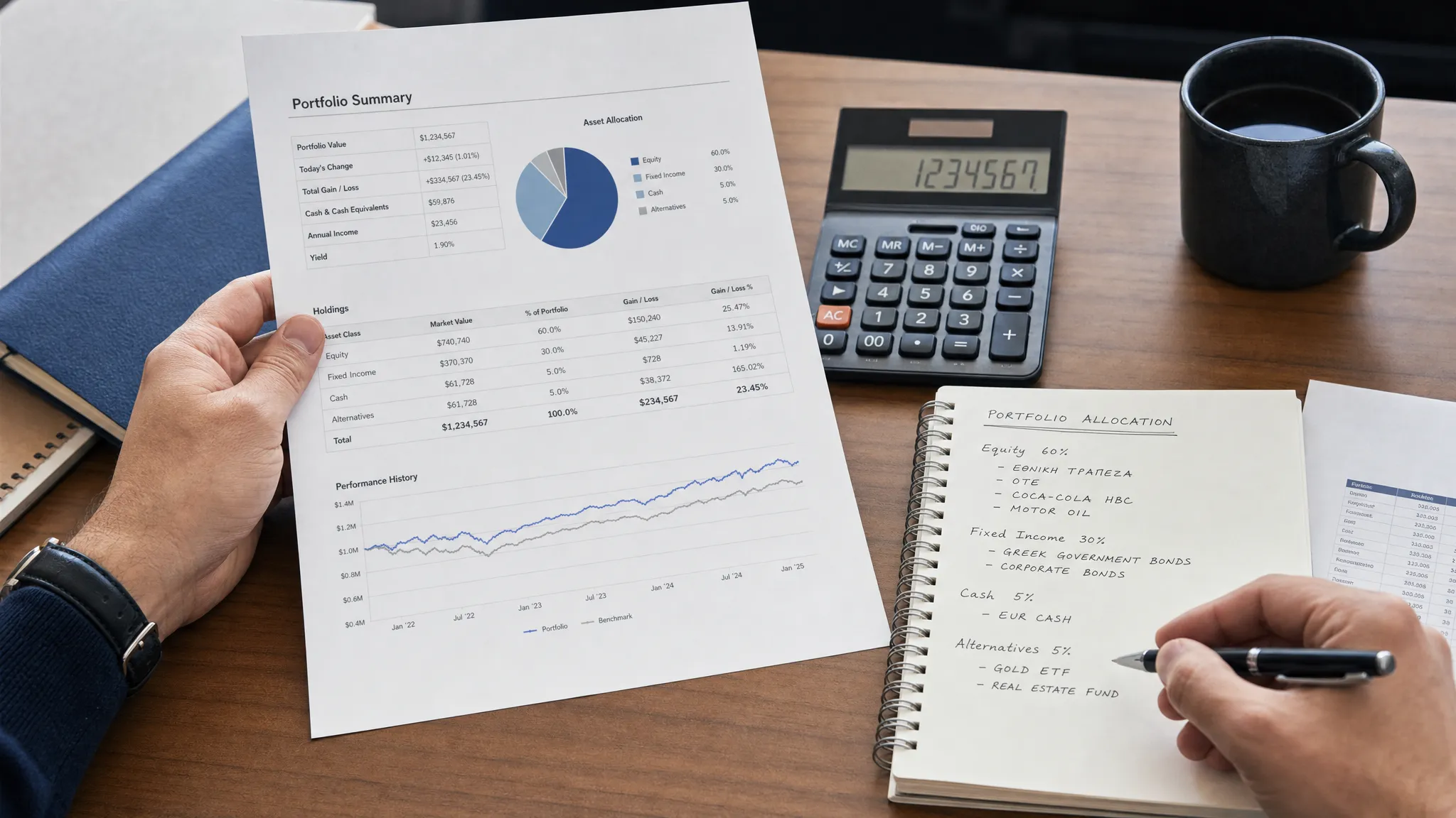 An adult investor reviewing printed financial statements, a calculator, and a notebook with Greek company names and portfolio allocation notes on a desk.