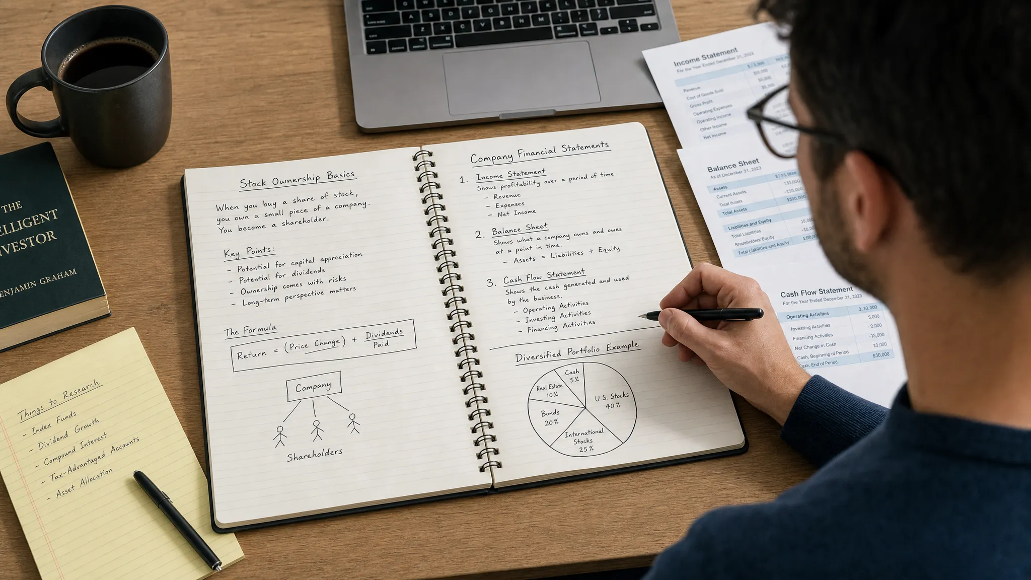 An adult investor studying a notebook with simple stock ownership concepts, company financial statements, and a diversified portfolio sketch on a desk.