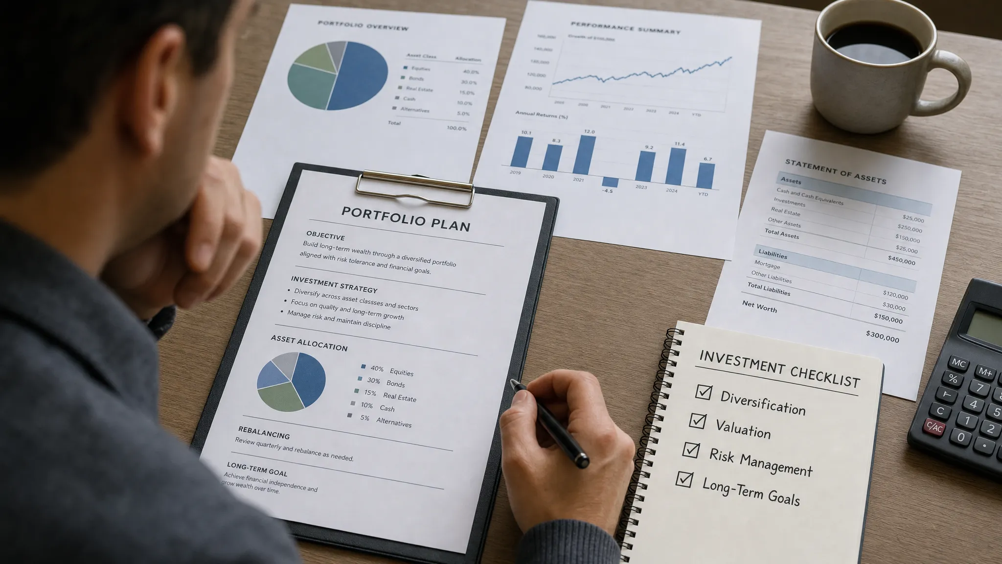 An investor reviewing a written portfolio plan beside charts, financial statements, and a simple checklist for diversification, valuation, risk, and long-term goals, with the papers spread across a desk in a quiet indoor setting.