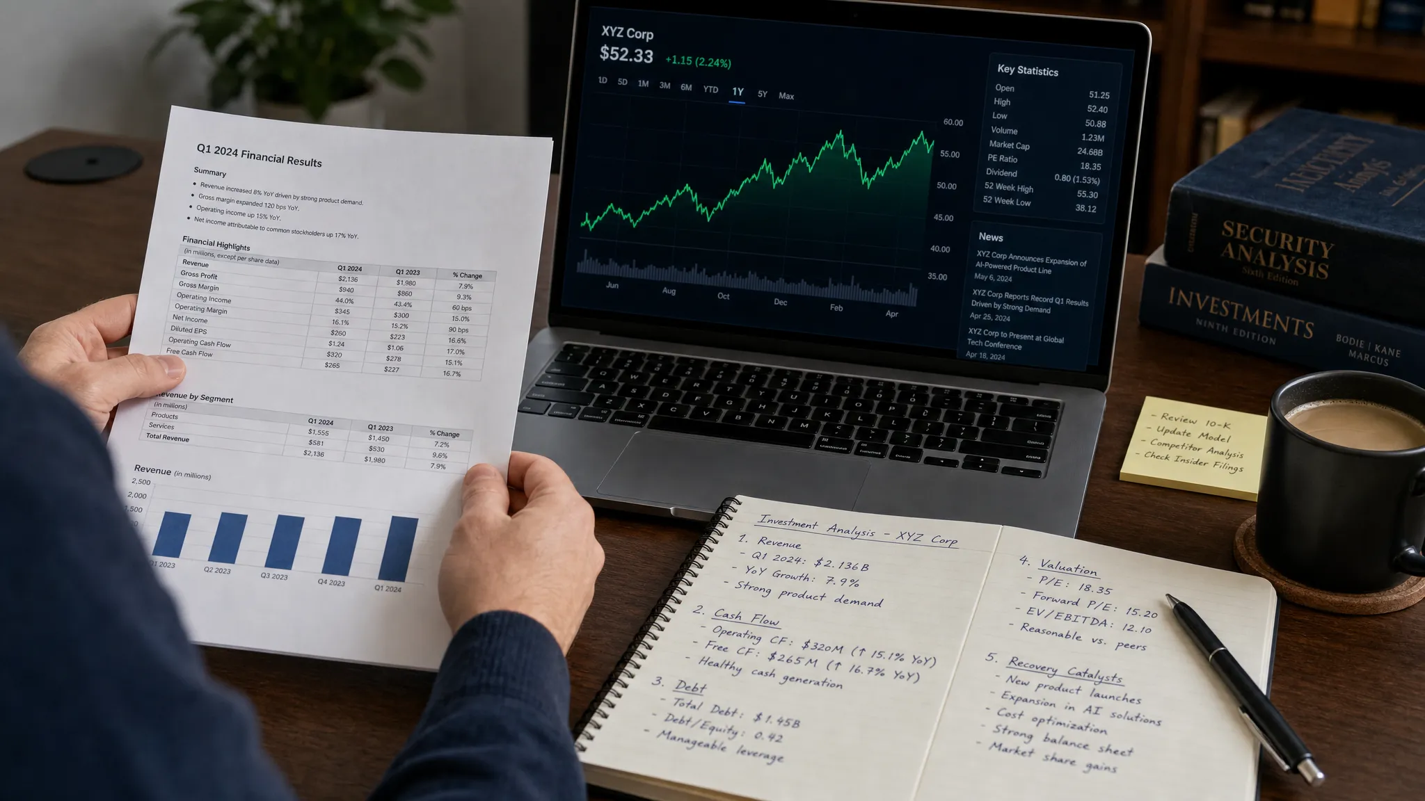 An investor reviews a printed company financial report, a laptop with a stock chart facing the viewer, and handwritten notes comparing revenue, cash flow, debt, valuation, and recovery catalysts on a desk, with the papers and screen arranged as the main focus in a quiet indoor workspace.