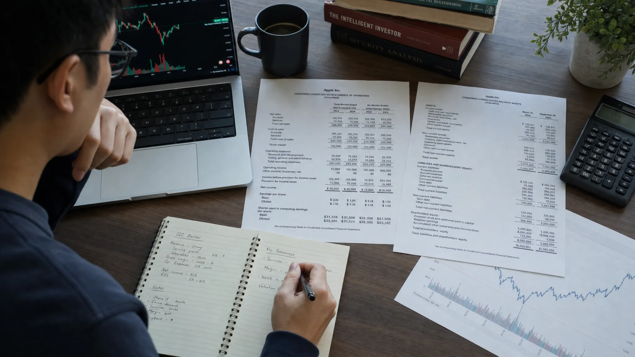 An investor studying financial statements, a notebook, and stock charts on a desk, viewed from slightly above in a quiet indoor setting, with the papers as the clear focal element and a calm, organized workspace.