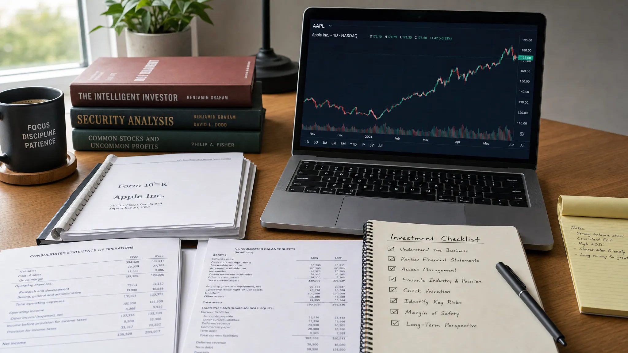 An investor's desk with company filings, financial statements, a notebook checklist, and a laptop showing a clean stock chart, symbolizing disciplined research rather than hype-driven trading.