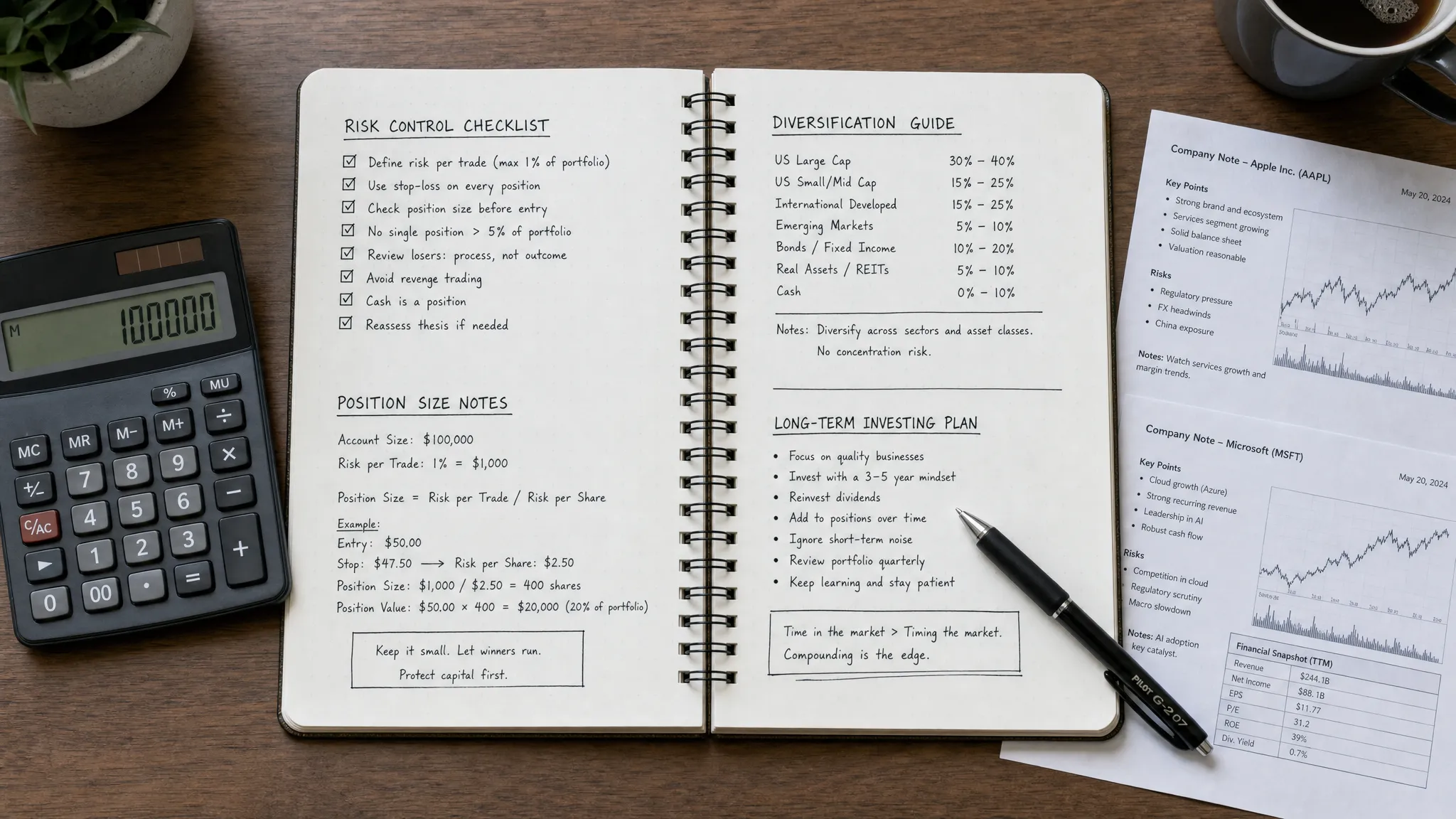 An investor's notebook viewed from above showing a simple risk-control checklist, position size notes, diversification categories, and a calm long-term investing plan beside a calculator and a few printed stock notes.