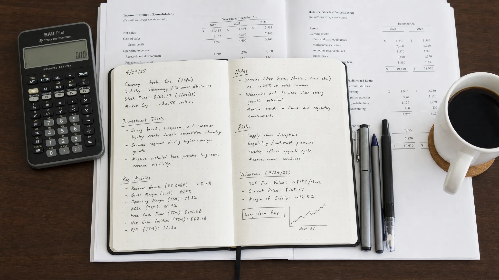 An open investor's notebook on a desk with handwritten stock research notes, a calculator, printed financial statements, and a cup of coffee beside neatly arranged pens.