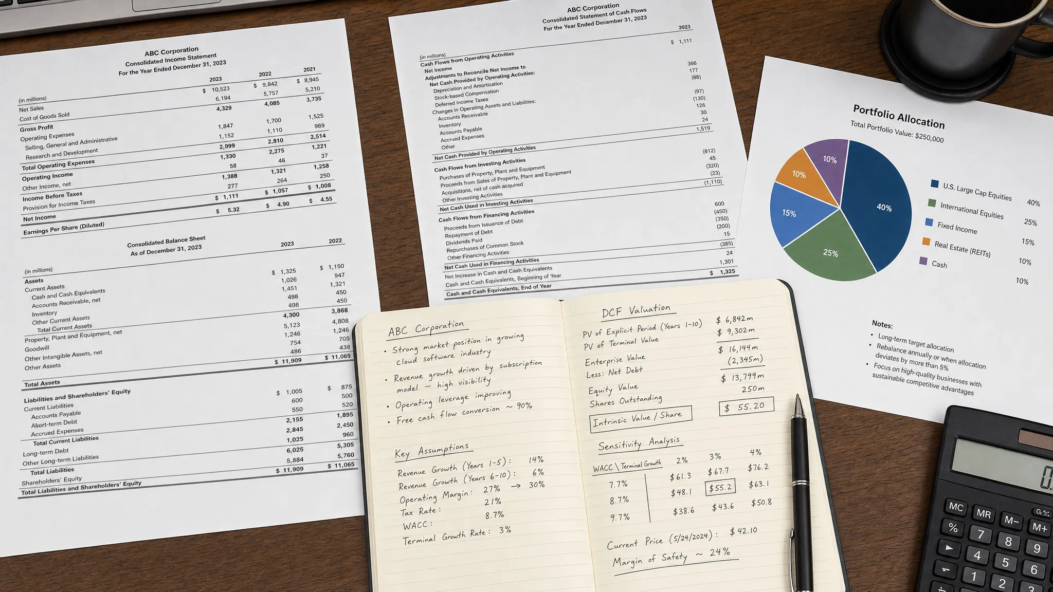 An overhead view of printed financial statements, a notebook filled with valuation notes, and a simple portfolio allocation chart spread across a desk, representing careful stock research and decision-making.