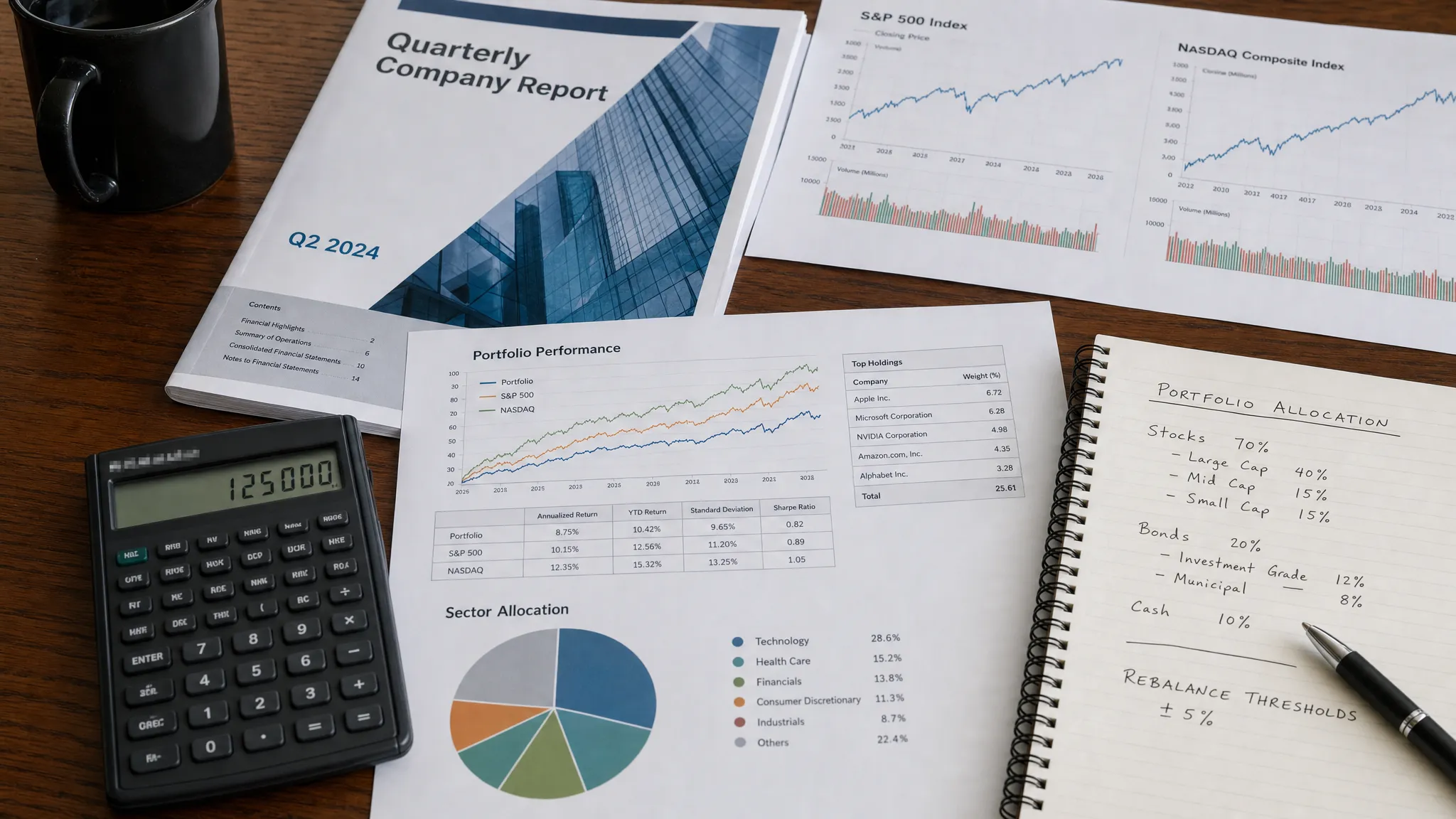 Printed stock charts, company reports, a calculator, and handwritten portfolio allocation notes arranged on a desk to show an investor studying the market with discipline and structure.