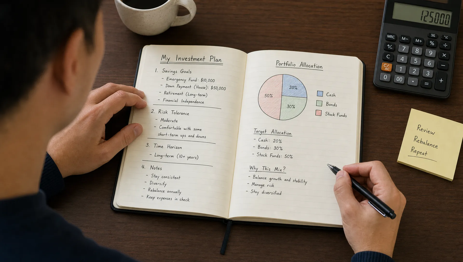 A beginner investor reviewing a notebook plan with savings goals, risk notes, and a small chart showing a diversified portfolio split across cash, bonds, and stock funds, seen from above on a desk with a pen and calculator nearby.