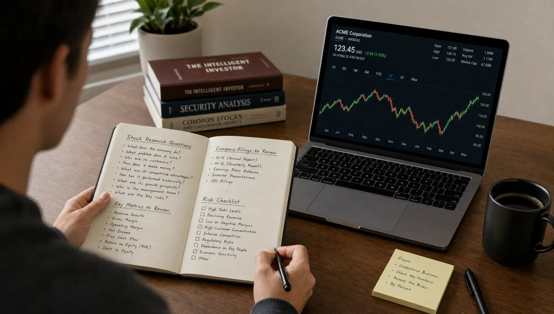 A beginner investor reviews a notebook with stock research questions, company filings, and a simple risk checklist on a desk beside a laptop with the screen facing the camera showing a simple stock chart with upward and downward movement, in a clean indoor workspace.
