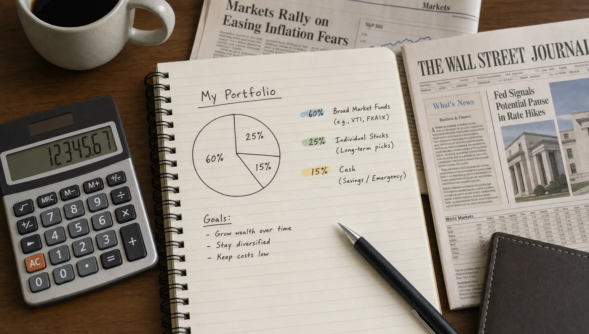 A beginner investor’s desk with a notebook showing a simple portfolio split between broad market funds, individual stocks, and cash, with financial newspapers and a calculator nearby.
