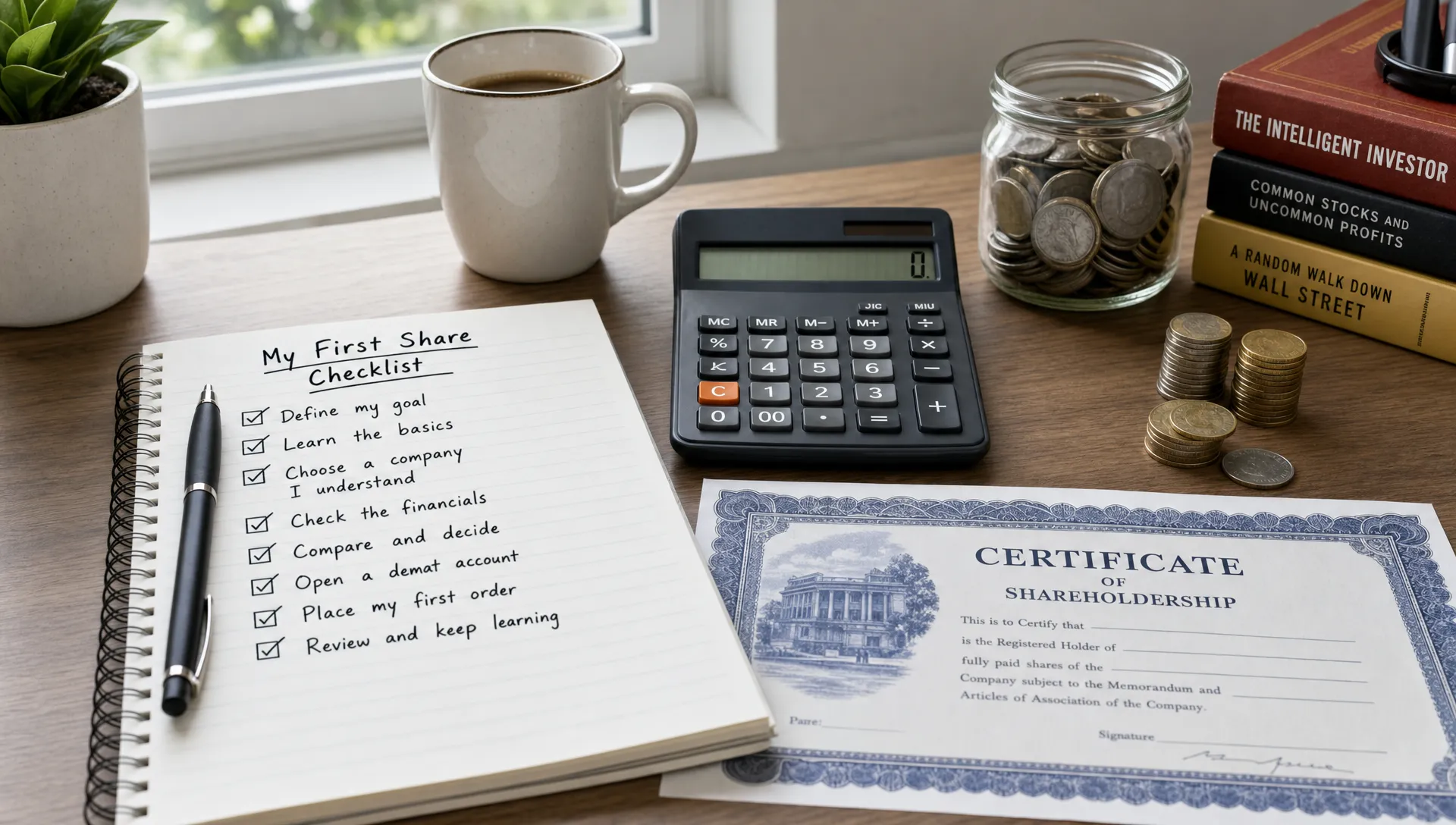 A beginner investor's desk with a notebook showing a simple first-share checklist, a calculator, coins, and a printed stock certificate illustration, arranged neatly on a home desk with a window in the background.
