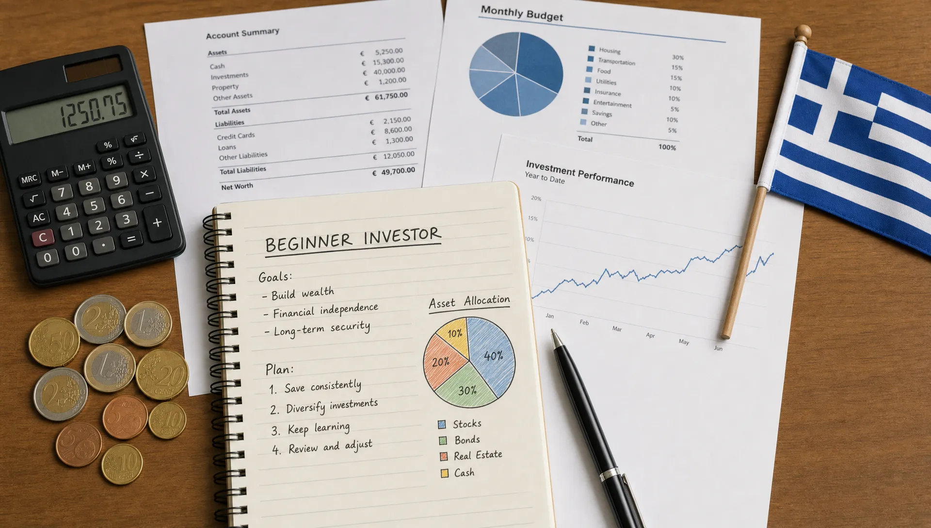 A beginner investor's notebook on a desk with a calculator, euro coins, printed financial statements, and a small Greek flag beside a simple chart showing diversified asset allocation.