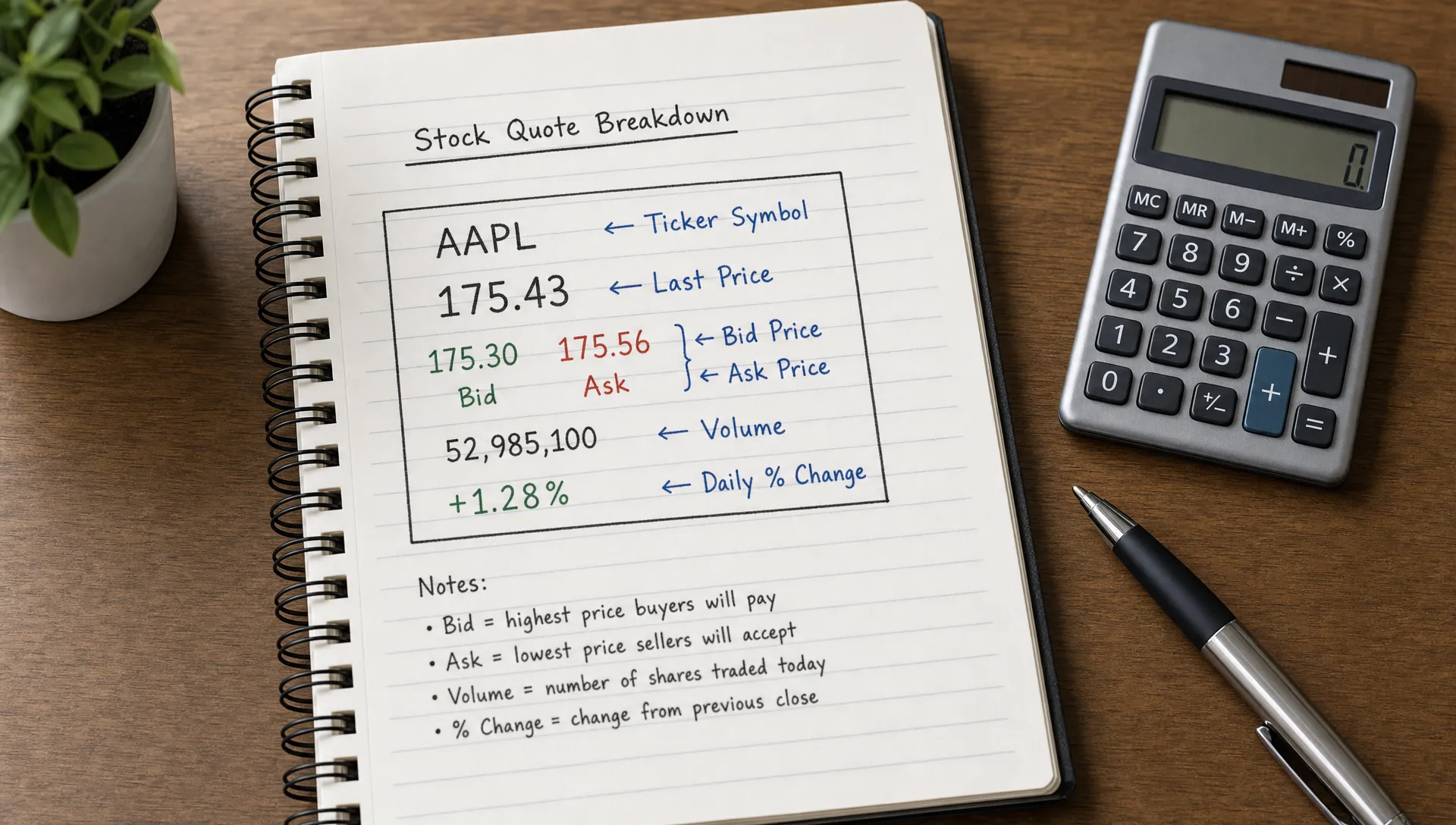 A beginner investor's notebook showing a simple stock quote breakdown with labels for ticker symbol, last price, bid, ask, volume, and daily percentage change, next to a small calculator and a pen on a desk.