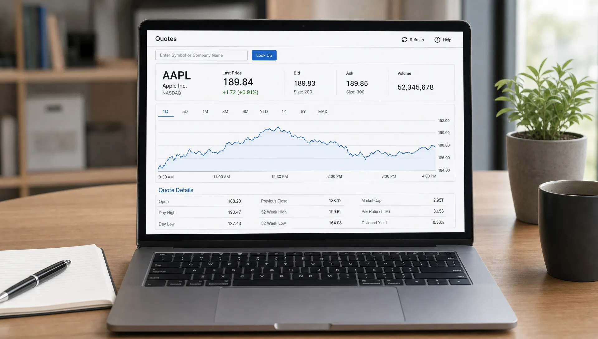 A brokerage quote dashboard on a laptop facing the camera, showing a stock symbol, last price, bid, ask, volume, and a simple line chart, with a notebook and pen beside it on a desk.