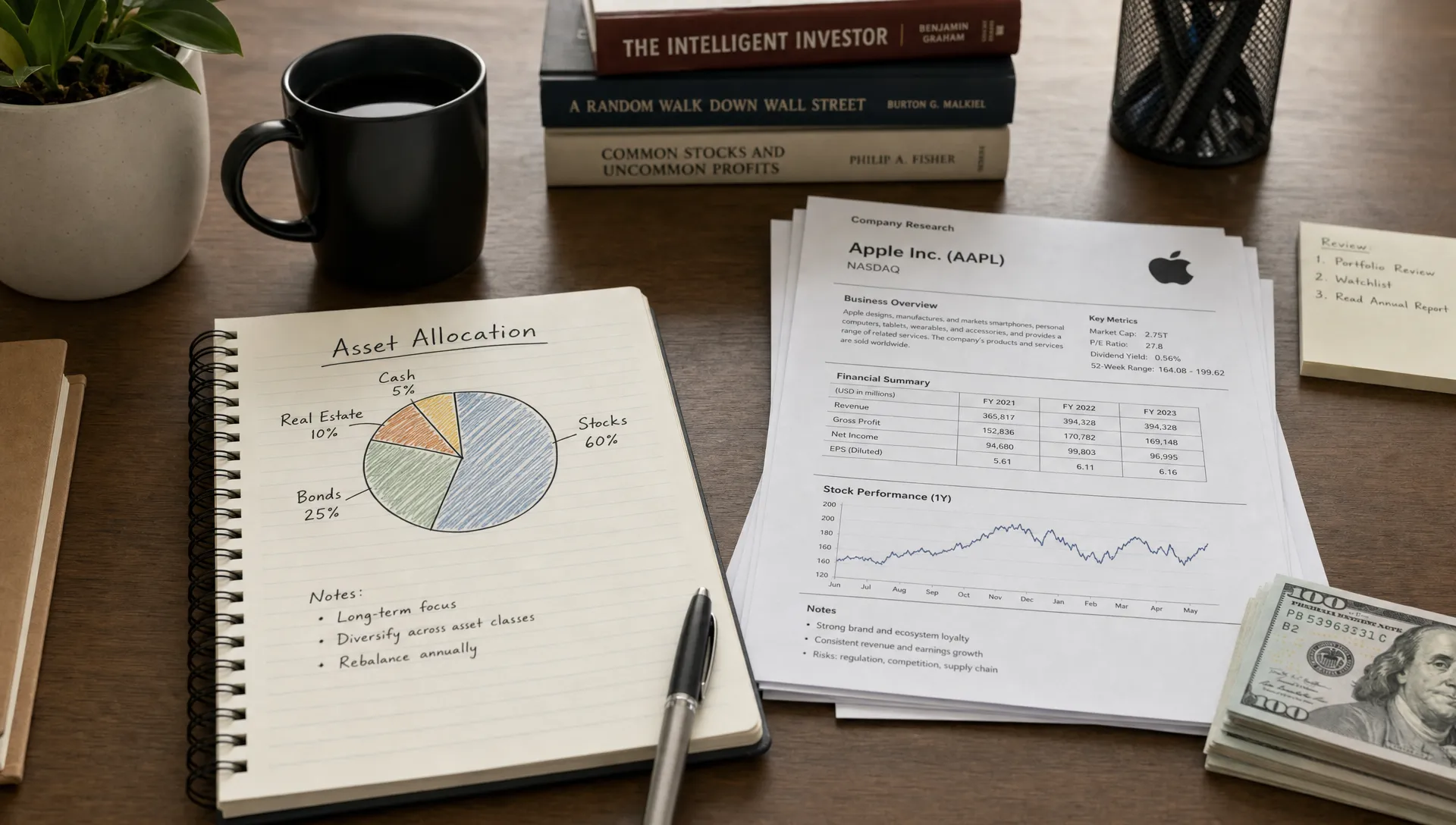 A calm indoor investing workspace with a notebook showing a simple asset allocation pie chart, a small stack of cash, and printed stock research pages arranged neatly on a desk.