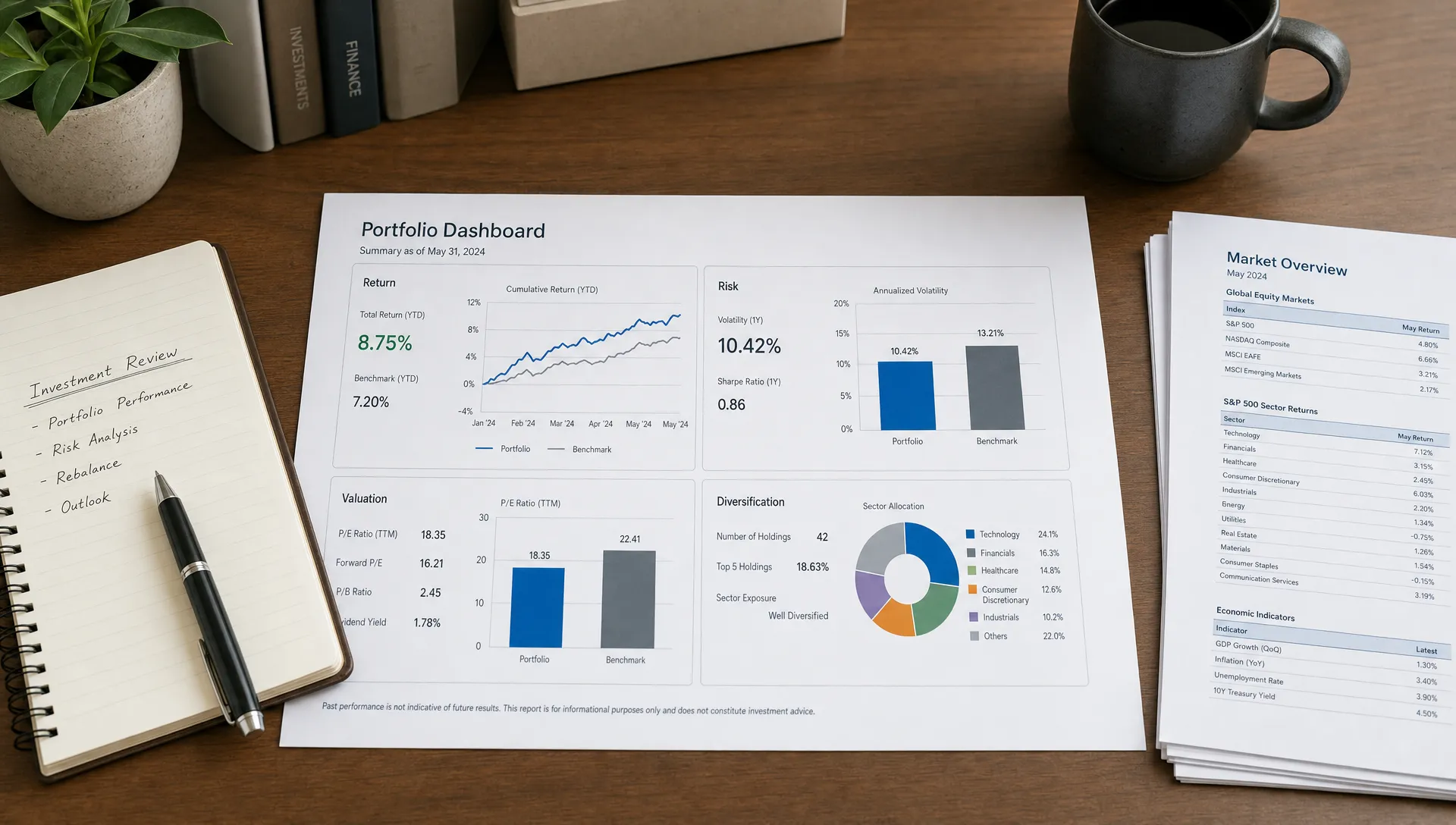 A calm indoor workspace centered on a simple dashboard sheet with return, risk, valuation, and diversification metrics, beside printed financial reports and a notebook.