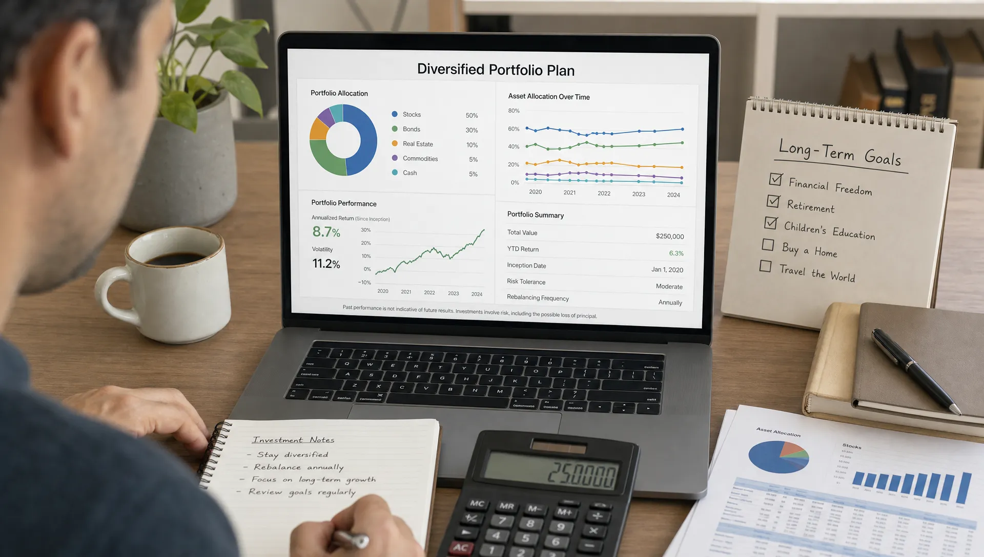 A calm investor reviewing a diversified portfolio plan on a desk with financial notes, a calculator, and a long-term goals checklist beside a laptop screen facing the viewer.