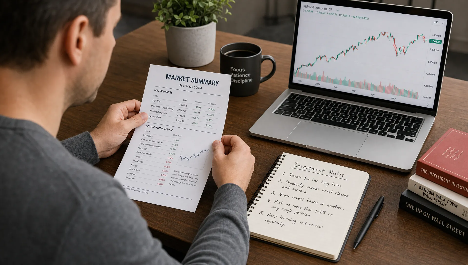 A calm investor reviews a printed market summary, a notebook with written investment rules, and a simple stock chart on a desk, with no sense of panic or urgency.